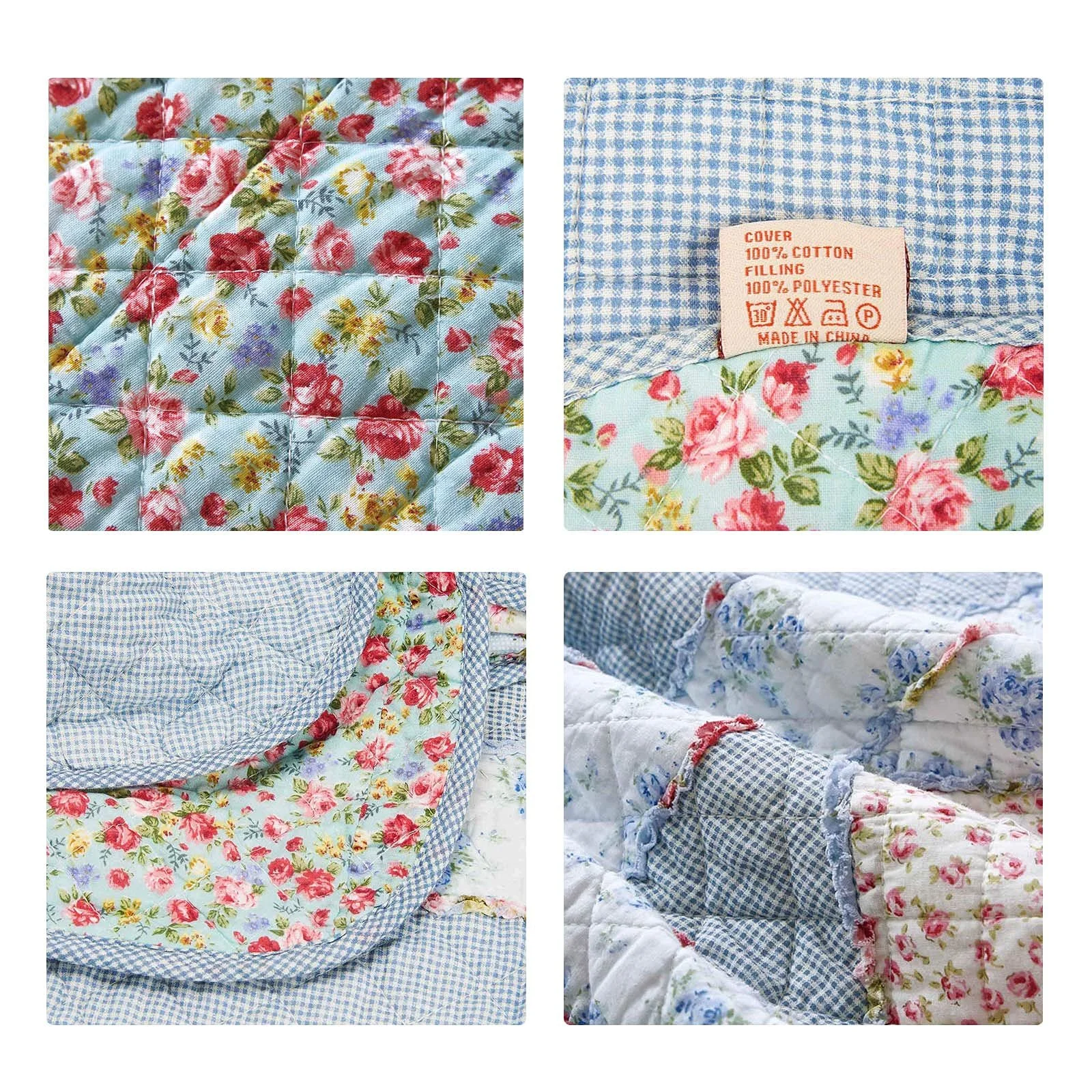 Одеяло VIVILINEN Хлопковое лоскутное Синее 150 x 200 см Цветочное, фото №6