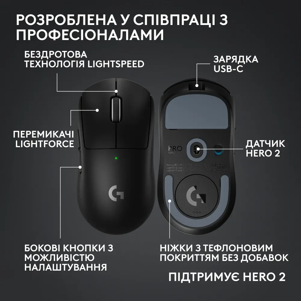 Ігрова бездротова миша Logitech G Pro X Superlight 2C / Радіоканал / Hero 2 / 44000 DPI / 5 кнопок / Бездротова зарядка / Чорна, фото №6