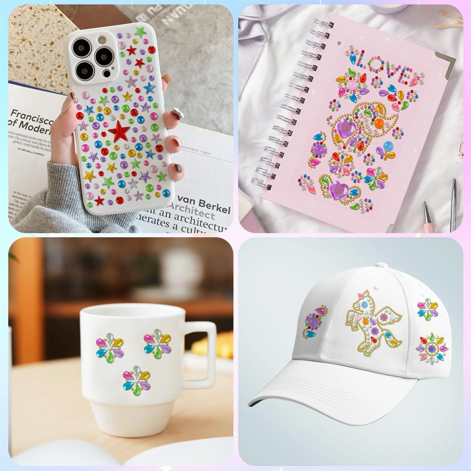 Самоклеящиеся стразы Единорог, Цветы, Листья, Бабочка, короны, звезды, луны и сердца 8 цветов (красный, желтый, синий, розовый, фиолетовый), фото №4