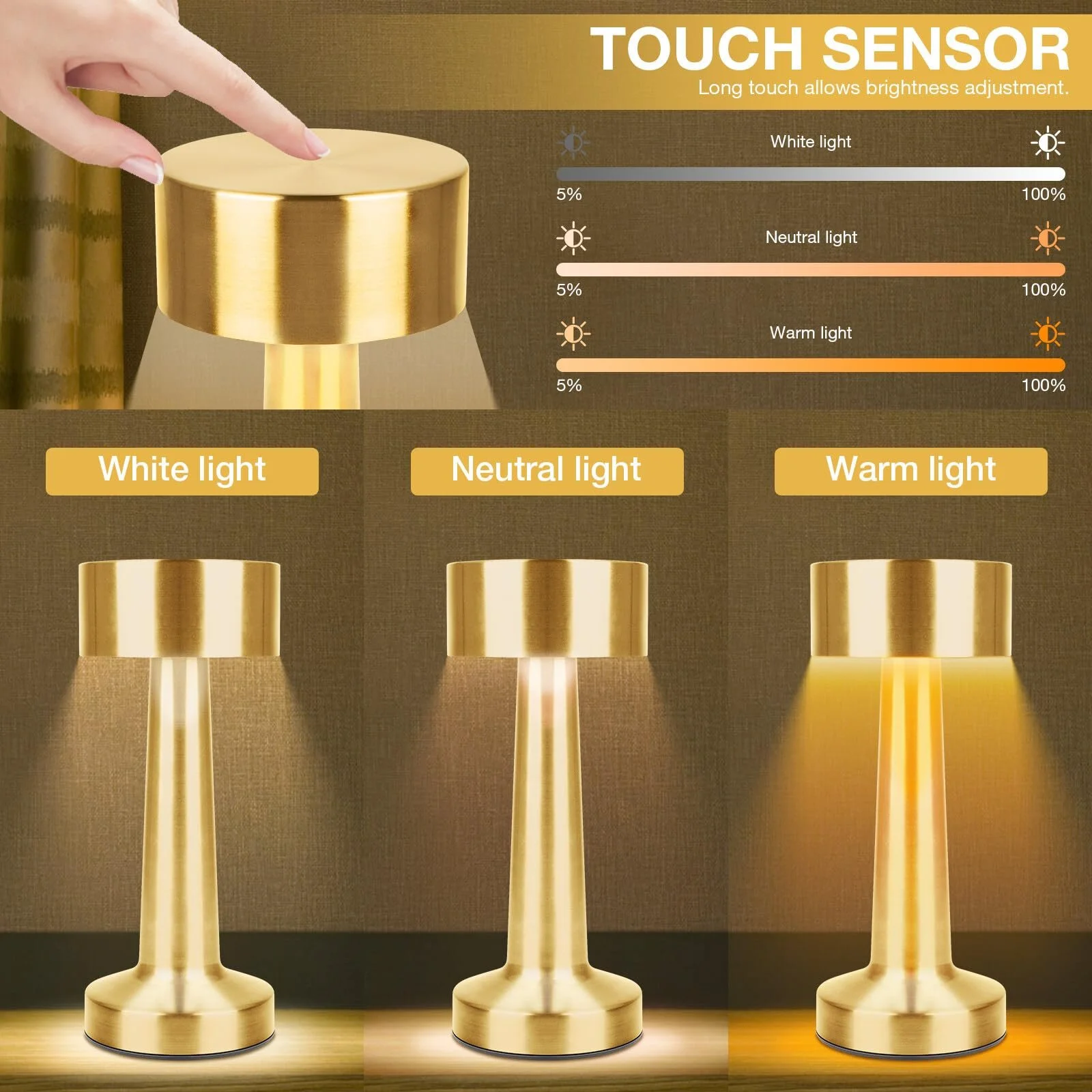Настільна лампа LED 2-Piece Wireless USB Rechargeable Touch Dimmable 3-Level Gold, фото №3