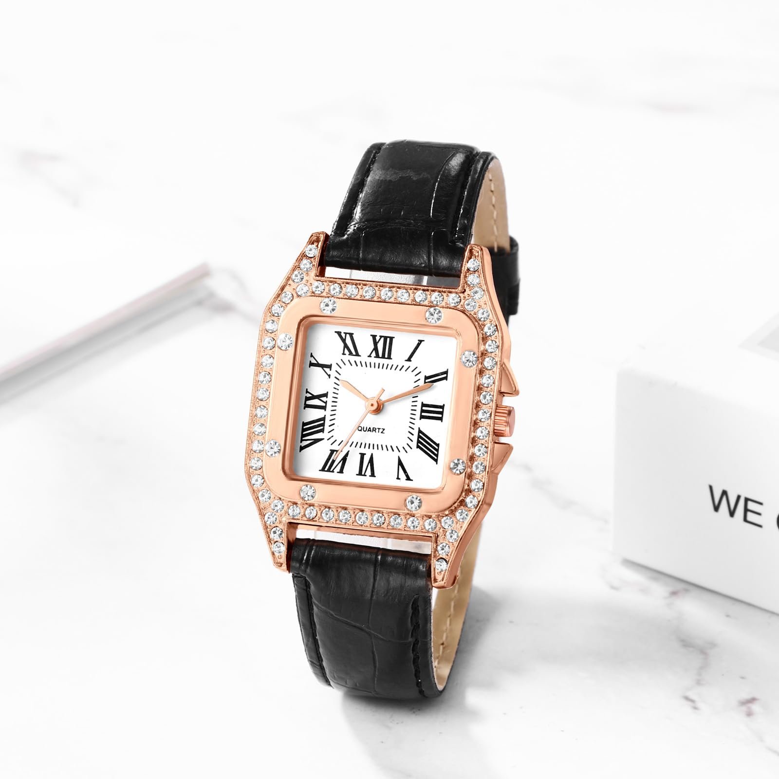Часы Женские JewelryWe Прямоугольные Элегантные Блестящие Стразы Аналоговые Кварцевые Кожаный Ремешок, фото №6