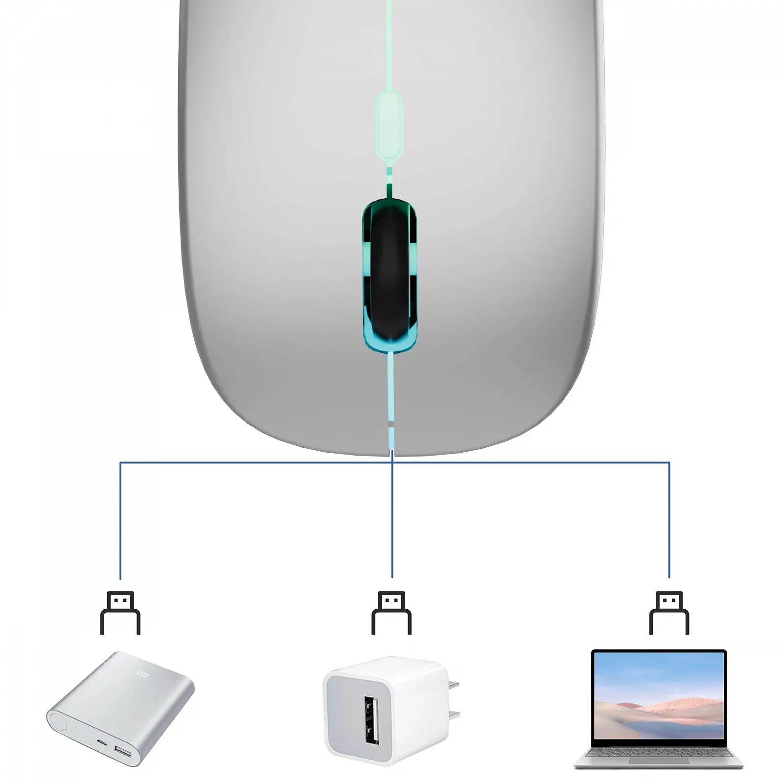 Мышь Беспроводная TQQ 2.4 GHz USB Bluetooth 1600 DPI Оптическое отслеживание Перезаряжаемая LED Двойной режим, фото №6