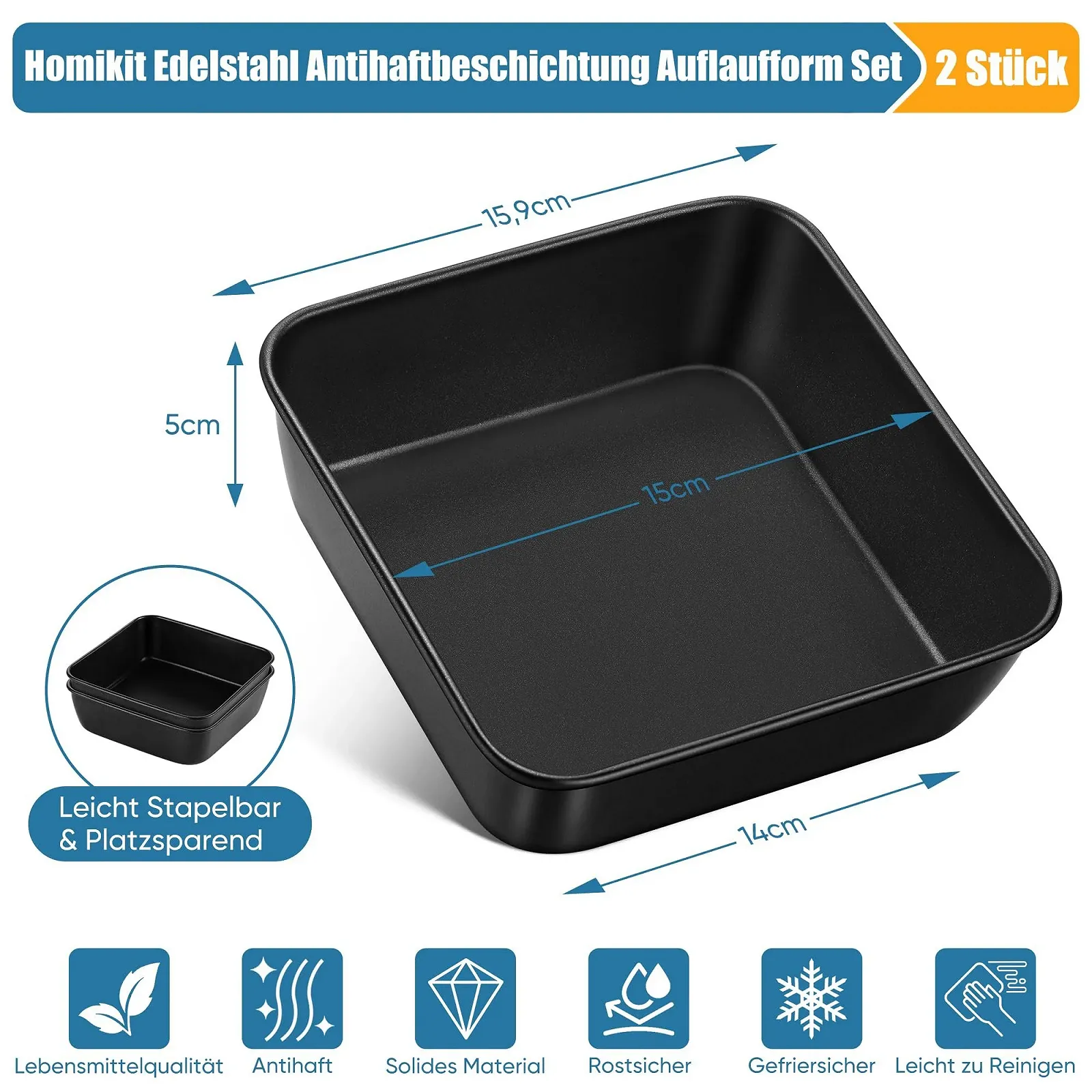 Набор форм для запекания Homikit 15,9 x 15,9 x 5 см 2 шт квадратные нержавеющая сталь антипригарные Черный, фото №2