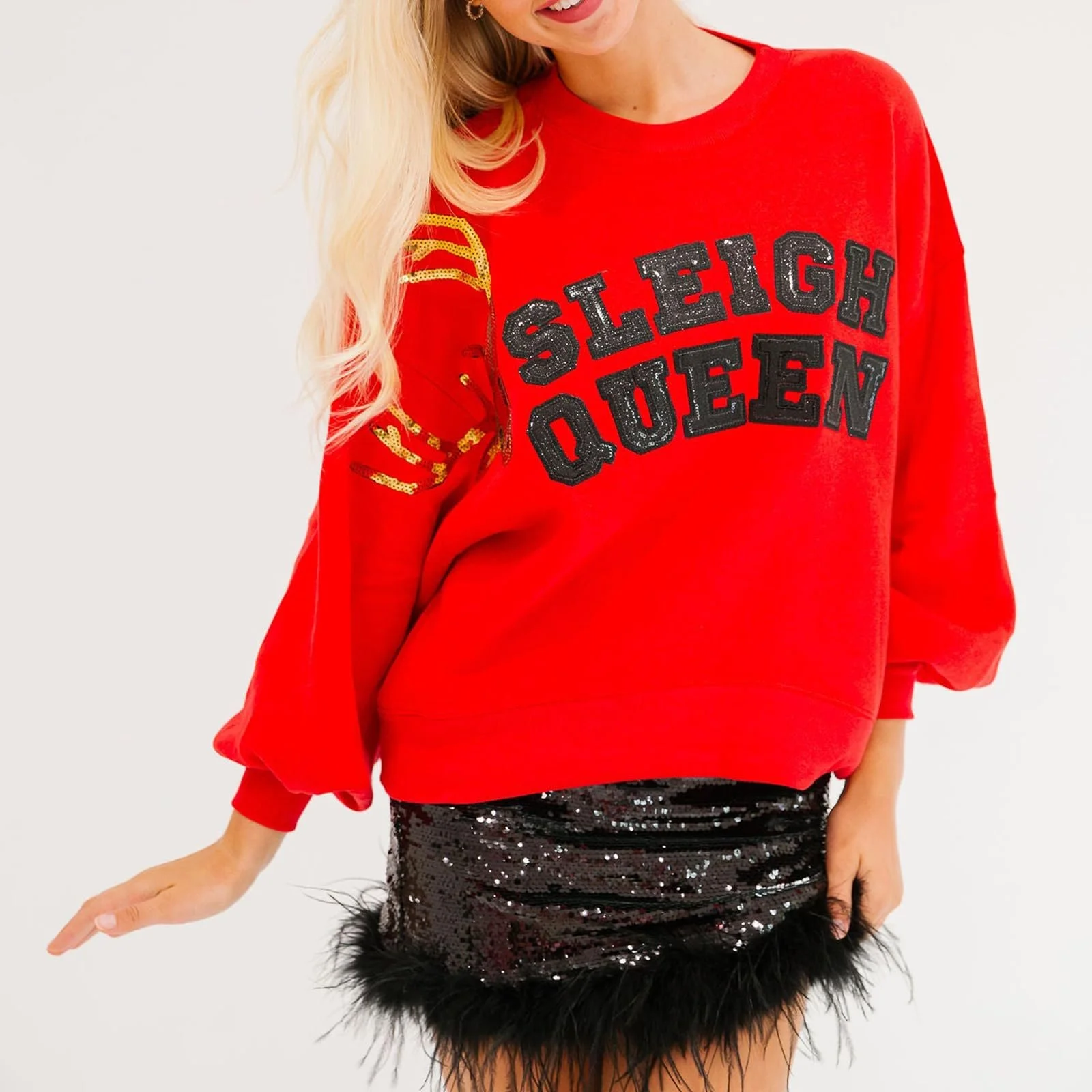 SANSIWU Женский Ретро Свитшот с блестящими стразами, графической надписью, круглым вырезом, длинными рукавами, повседневный джемпер, рождественские праздничные топы, фото №3