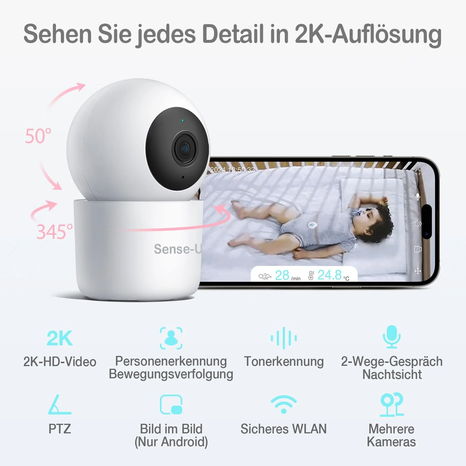 Відеоняня Sense-U PTZ Camera 2K Панорамування Нахил Зум Двосторонній зв'язок Нічне бачення Детекція руху, фото №3