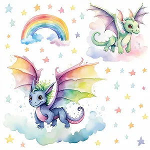 Наклейки на стіну 255 шт. Кольорові дракони з веселкою та зірками 750 x 420 мм - Фото 1