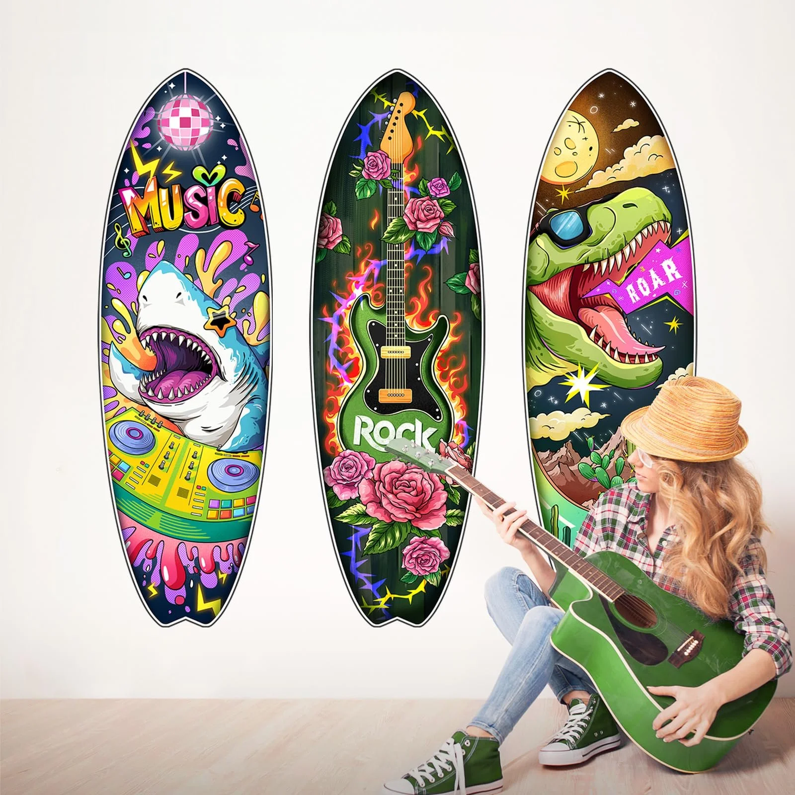 Наклейки на стіну Supzone Music Surfboard Dinosaur Guitar Shark 3 шт, фото №4