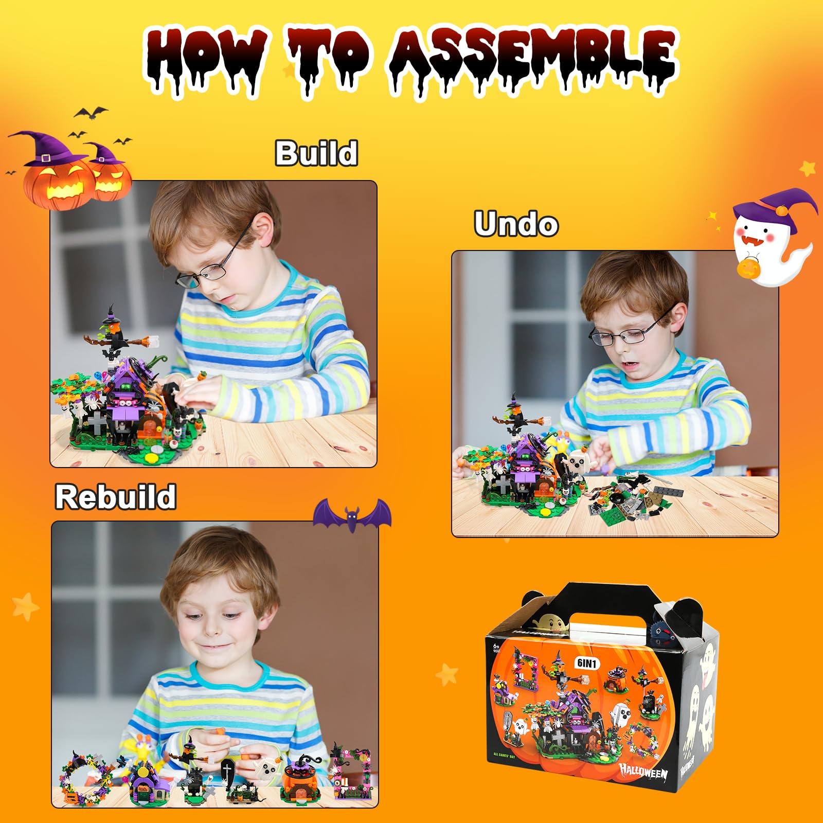 Набор MOEMOE BABY Halloween Building Block Model 6-in-1 Halloween Pumpkin House Ghost House 603 Pieces, фото №4
