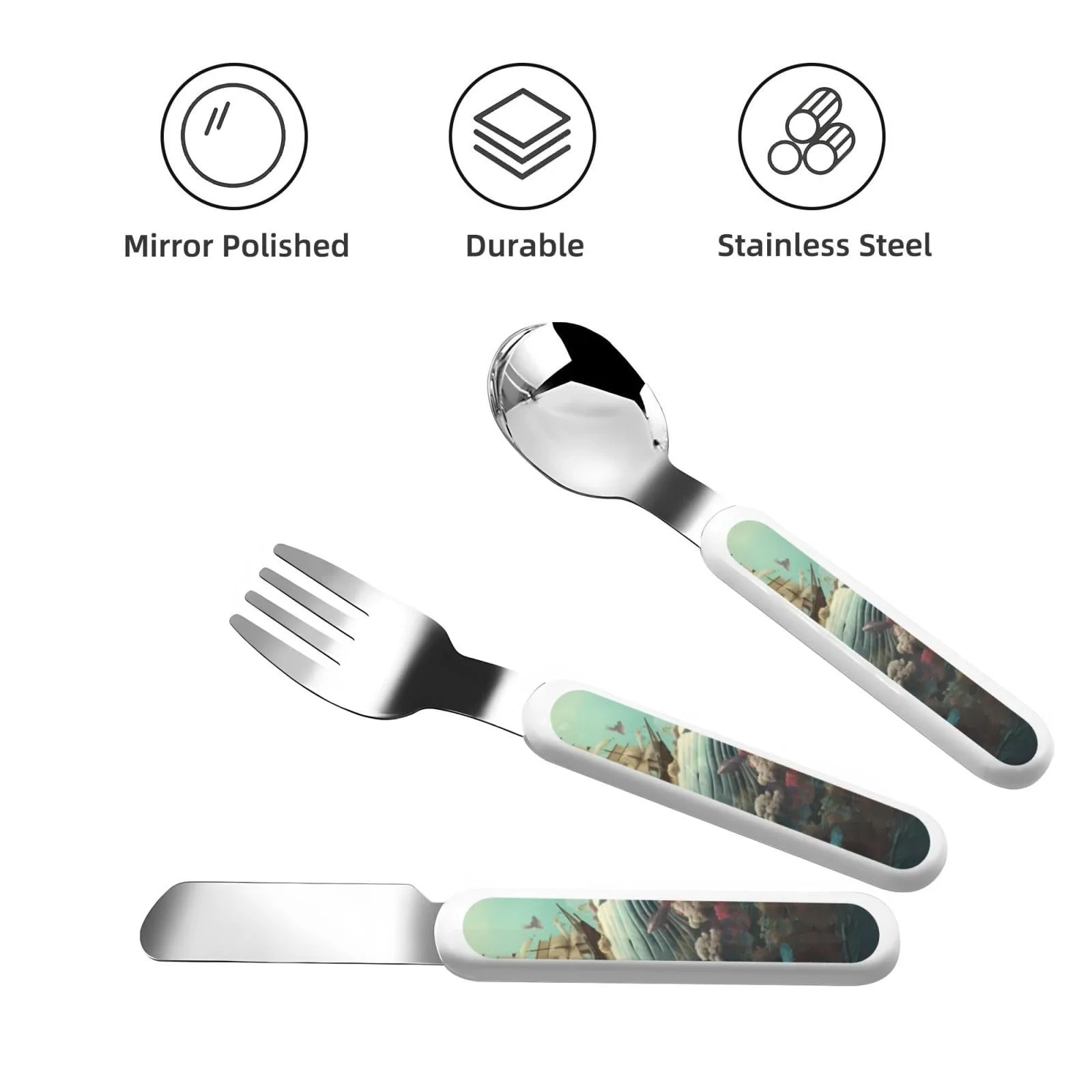 Дитячий набір столових приборів з принтом Parade of Whales, три предмети, для дитячого садка, фото №2 Дитячий набір столових приборів з принтом Parade of Whales, три предмети, для дитячого садка, фото №2