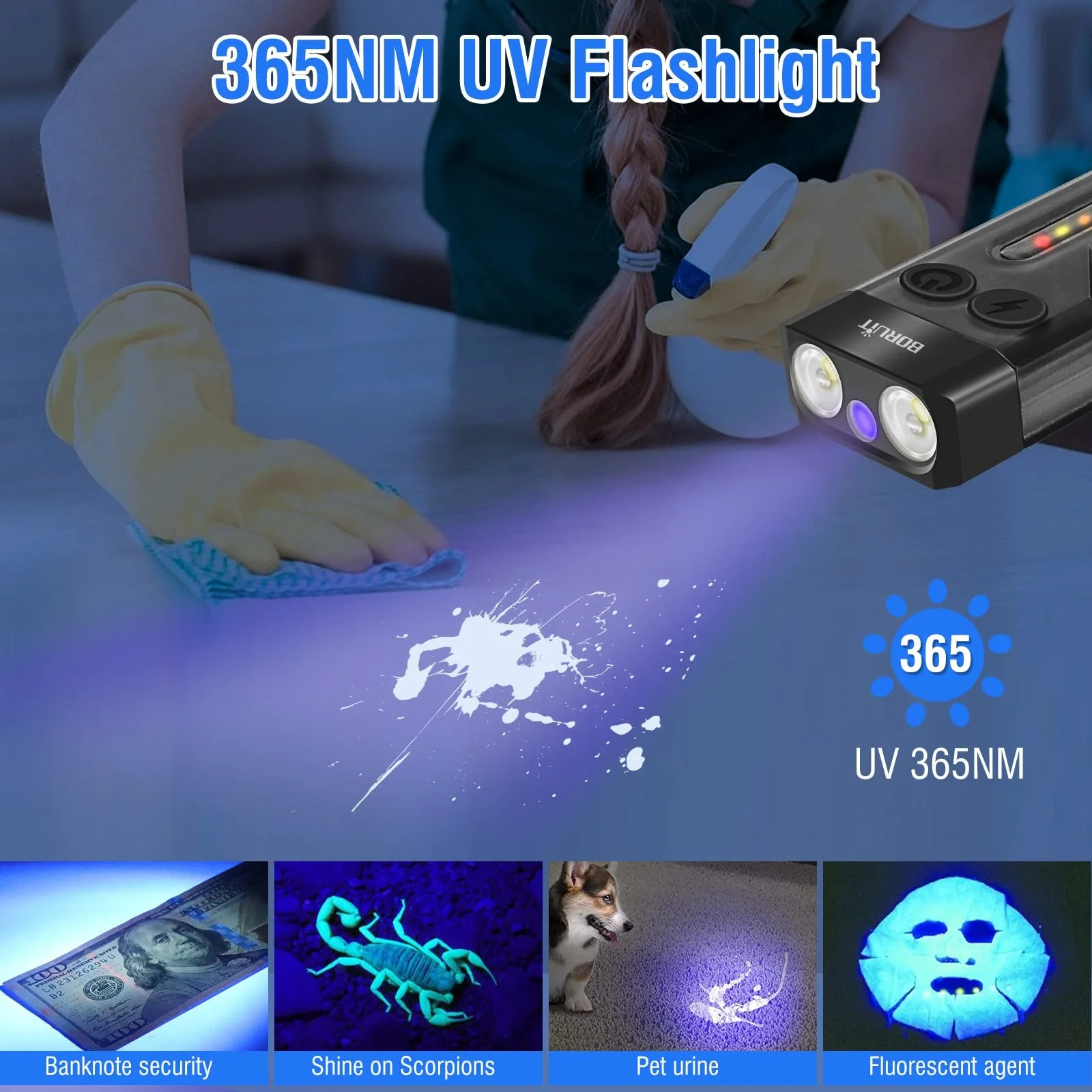 Ліхтар BORUIT V10 LED Перезаряджуваний 1000LM Міні Брелок з 365nm УФ, Магніт, 14 Режимів IPX4 Водонепроникний, Портативний, фото №4