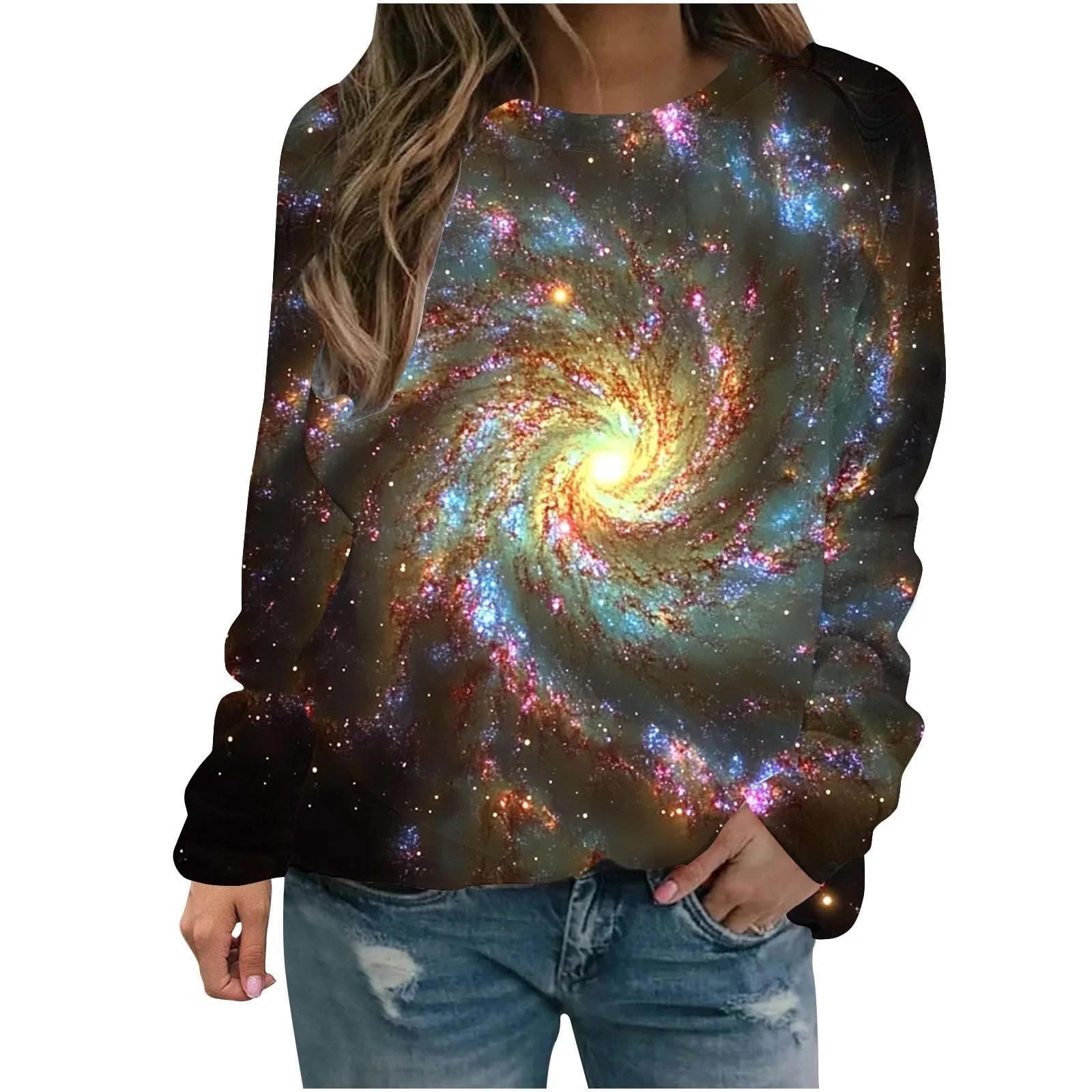 Лонгслив Komiseup Galaxy Женский, длинный рукав, круглый вырез, без капюшона, 3D принт галактики, большие размеры, модель 03, фото №1