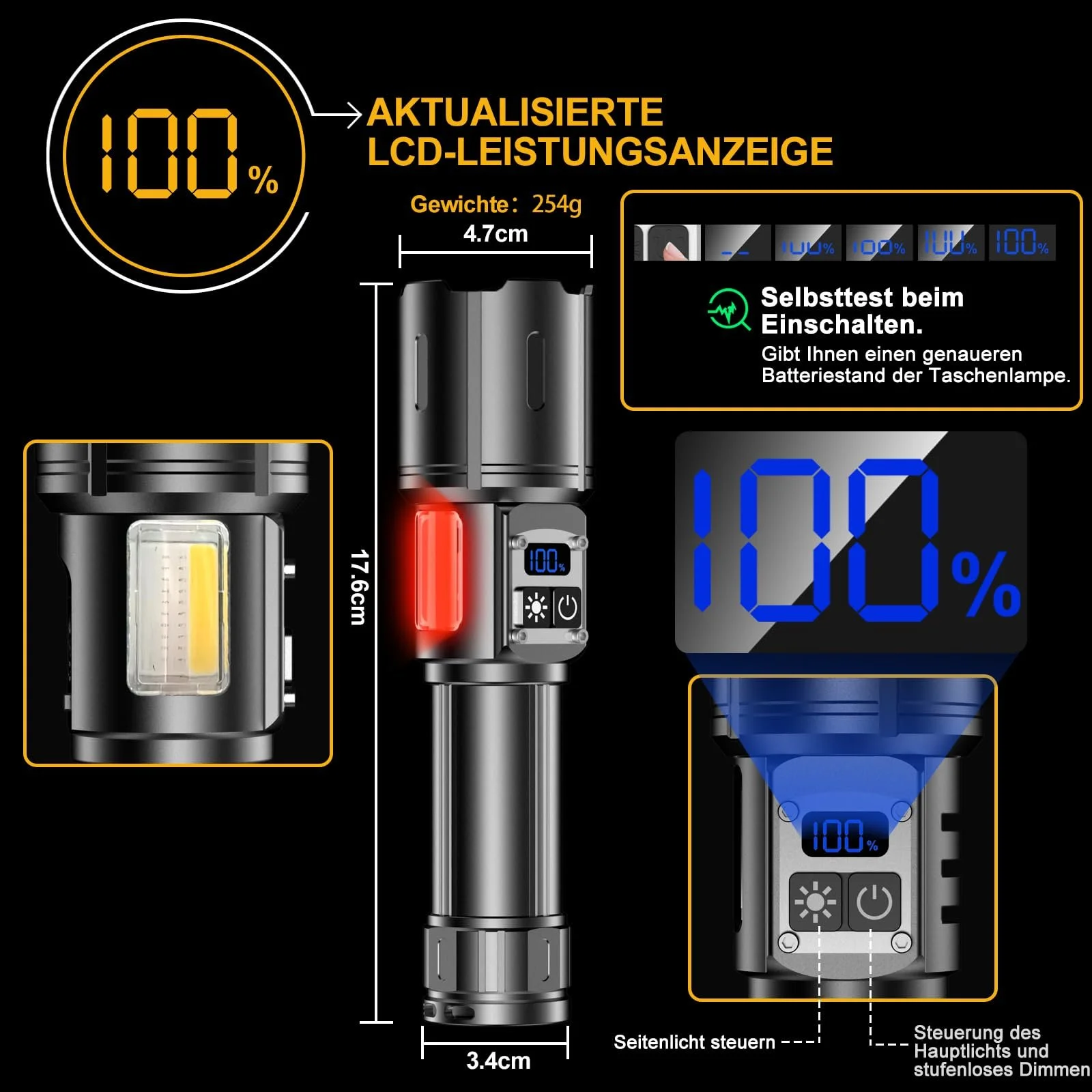 Світлодіодний ліхтар BEYSTE LC223 500 000 люмен тактичний акумуляторний USB 9 режимів з COB боковим світлом плавне регулювання яскравості для кемпінгу, фото №5