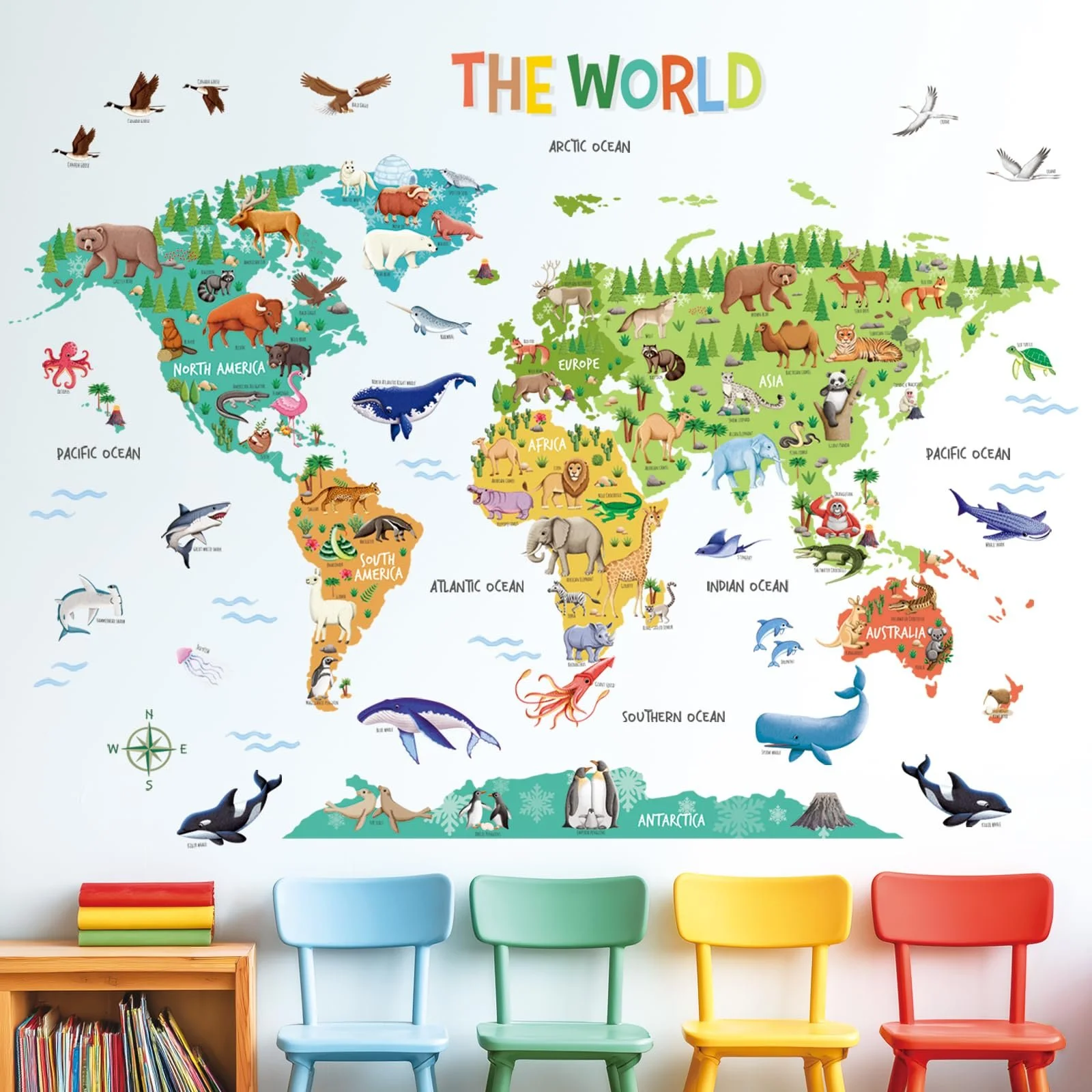 Настінні наклейки DECOWALL SG2-2423 Карта світу з тваринами Знімні Навчальні Барвисті для дитячої кімнати, фото №3 Настінні наклейки DECOWALL SG2-2423 Карта світу з тваринами Знімні Навчальні Барвисті для дитячої кімнати, фото №3