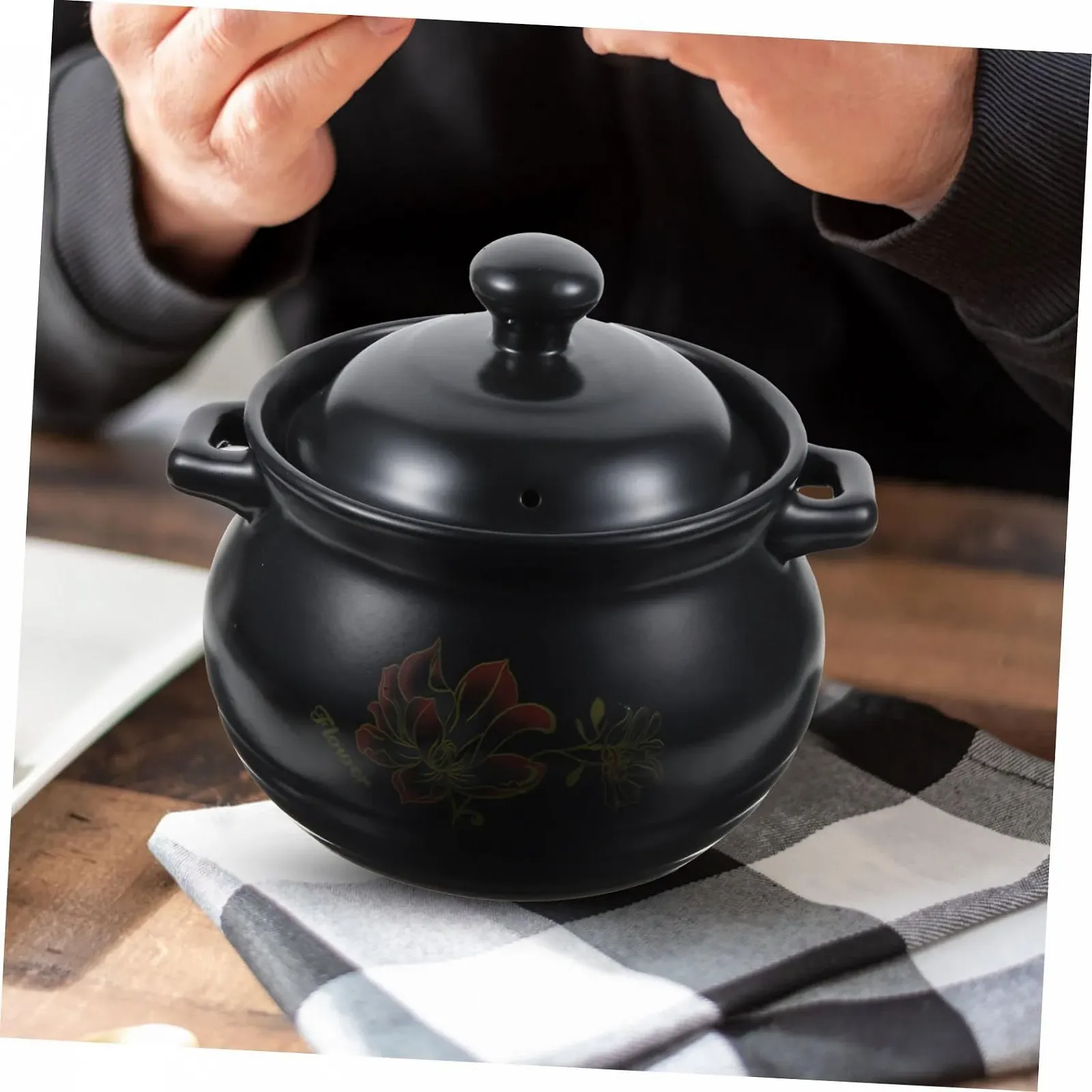 Кастрюля для запекания Healifty керамическая 2 л с ручкой Черный, фото №2