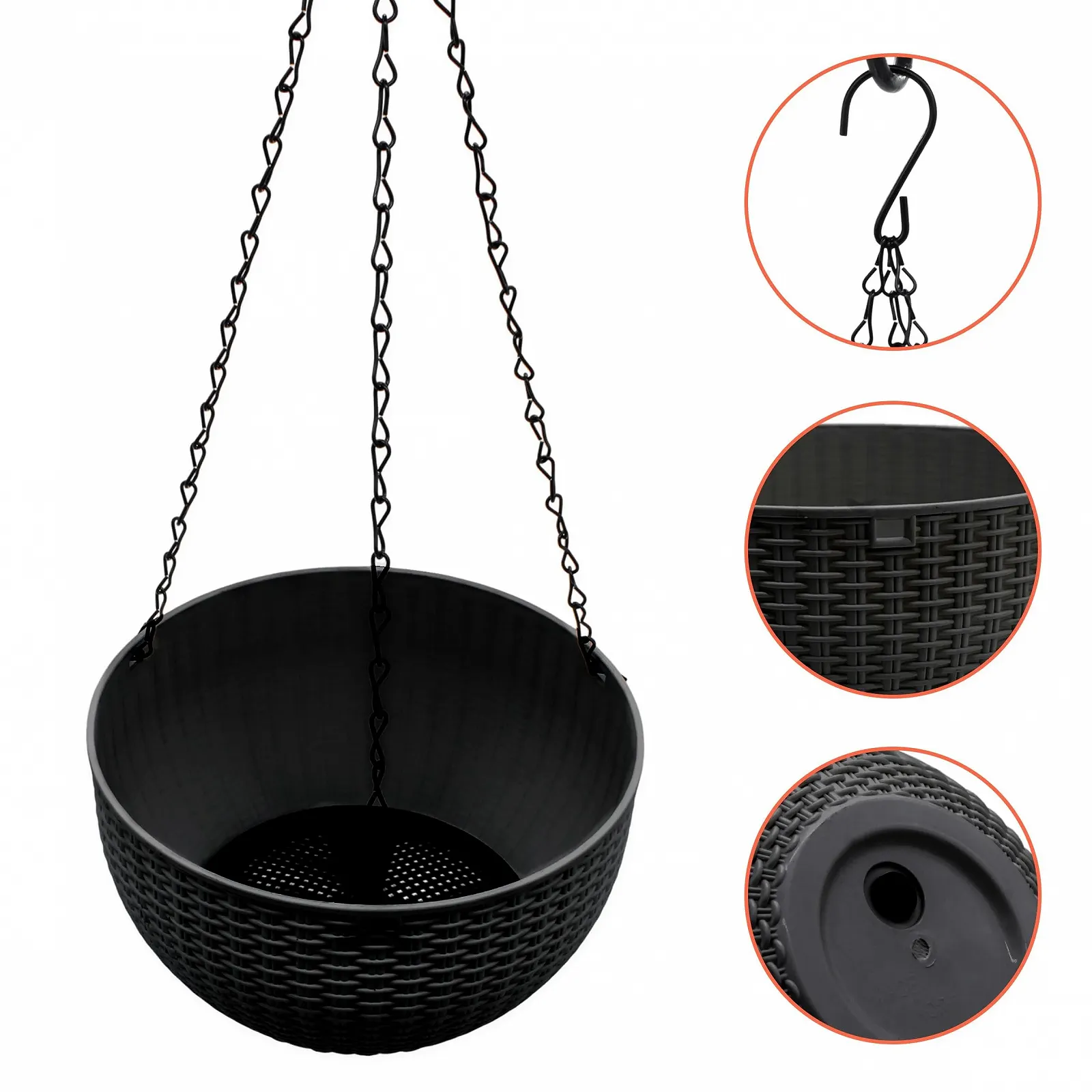 Набір підвісних кашпо (2 шт.) Плетене (під ротанг) 23 см Пластик З металевим ланцюгом Антрацит, фото №3 Набір підвісних кашпо (2 шт.) Плетене (під ротанг) 23 см Пластик З металевим ланцюгом Антрацит, фото №3
