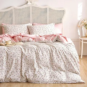 Постільна білизна Lanqinglv 135 x 200 см, рожева, біла, листя, квіти, рослинний візерунок, двостороння, мікрофібра synthetic.ua - Фото 1