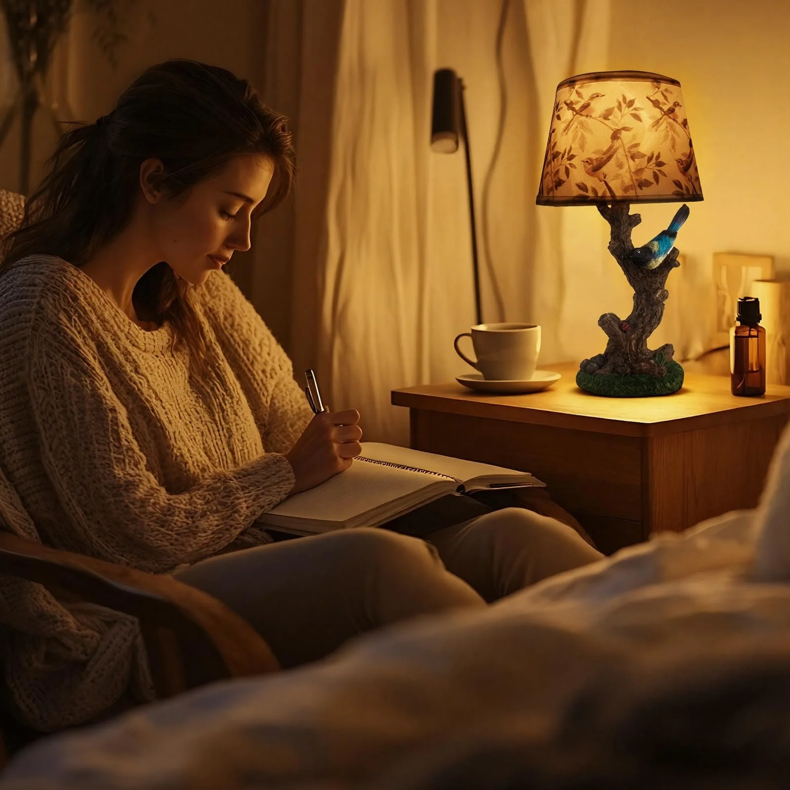 Настільна лампа приліжкова FIRVRE в стилі кантрі E27 з вимикачем квітковий та пташиний мотив і змінний лляний абажур, фото №5