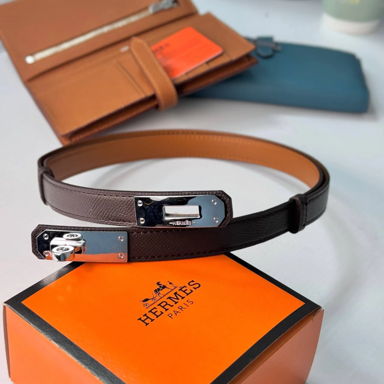 Жіночий шкіряний ремінь темно коричневого кольору Hermes Гермес, фото №6