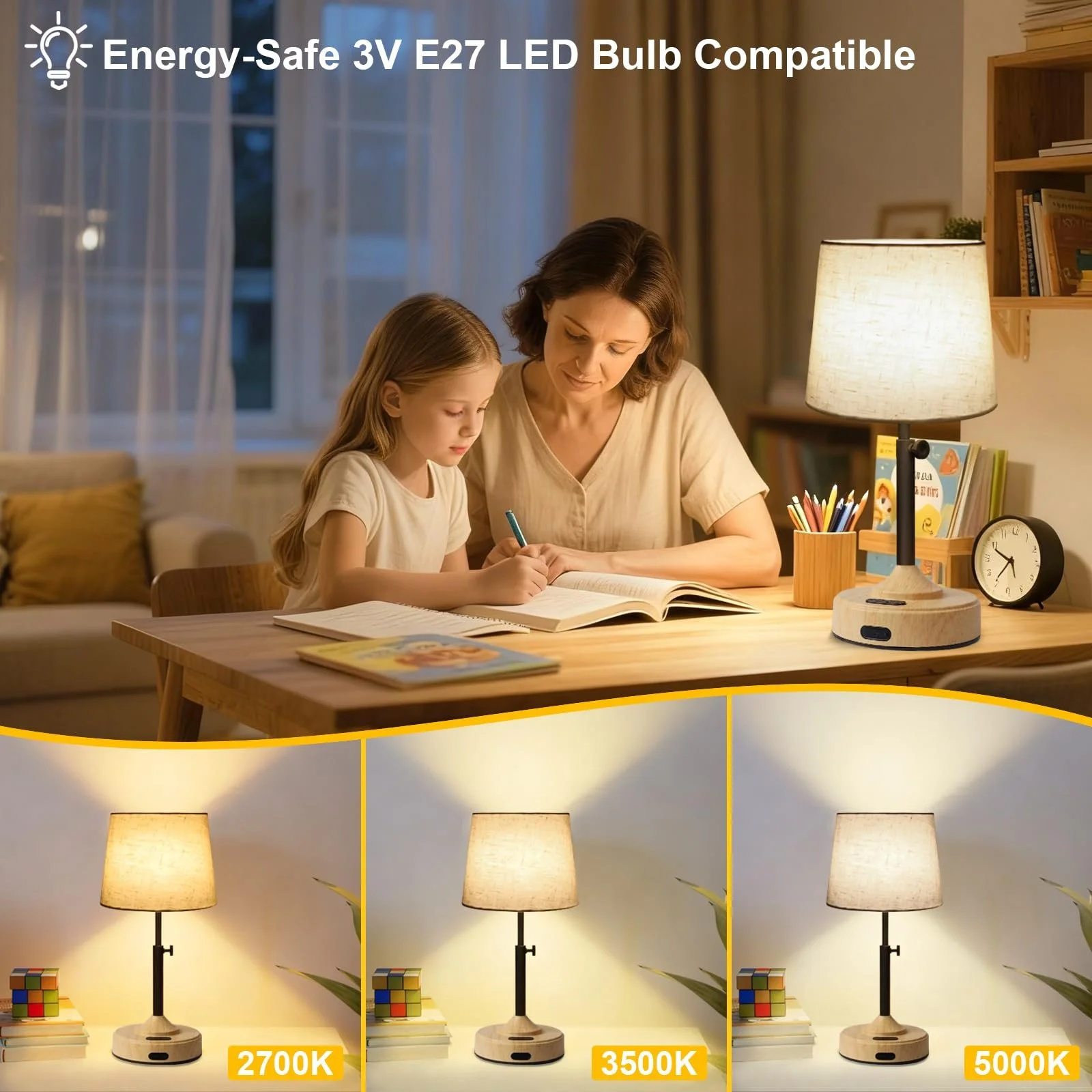 Настільна лампа бездротова сенсорна 2700 K - 5000 K з таймером та лляним абажуром комплект з 2 шт., фото №6