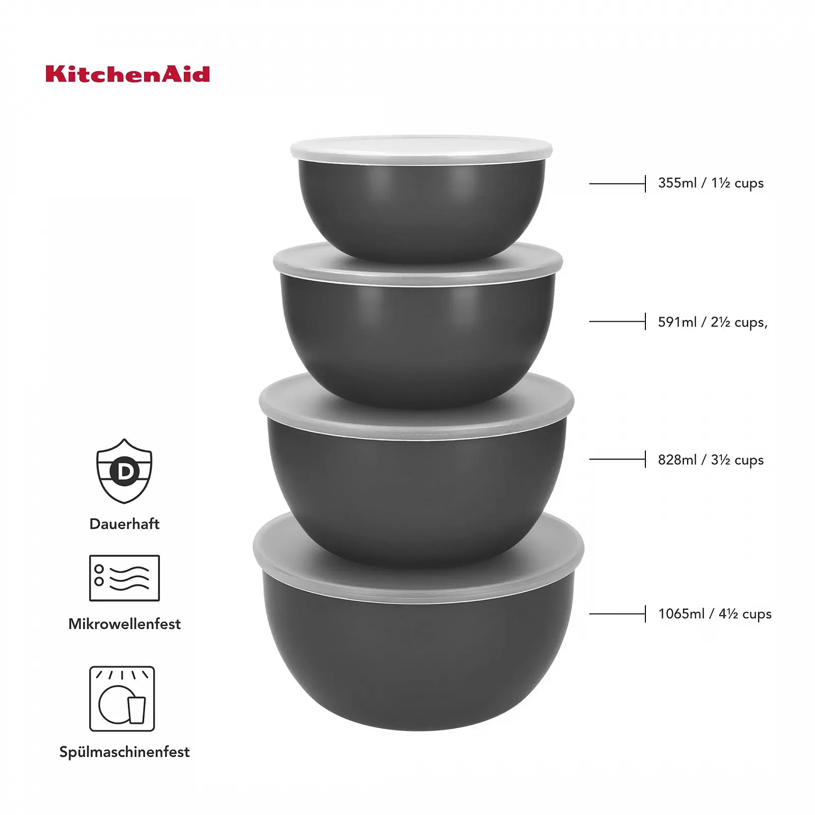Набор мисок для приготовления еды KitchenAid из 4 шт. с крышками угольно-серый, фото №3 Набор мисок для приготовления еды KitchenAid из 4 шт. с крышками угольно-серый, фото №3
