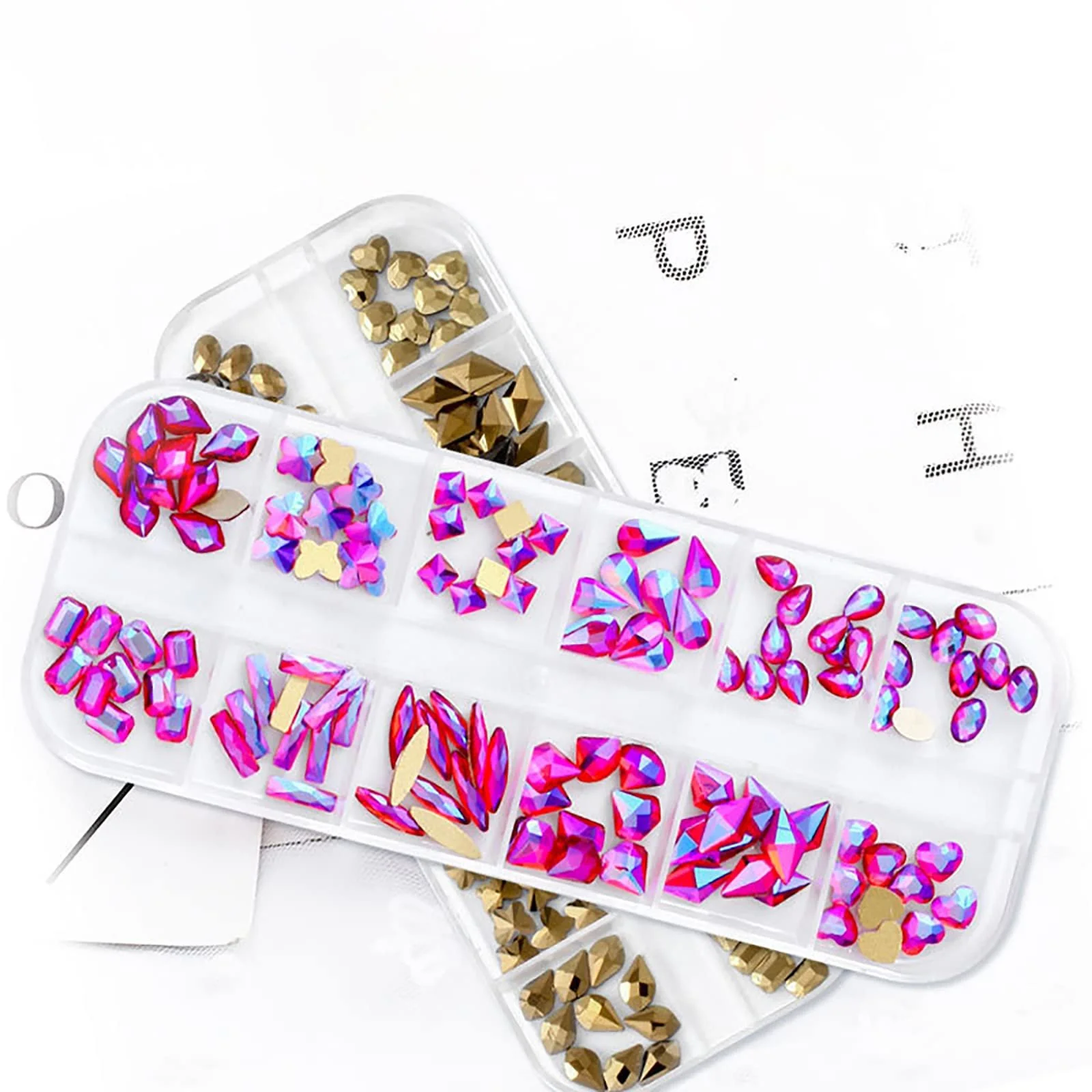 Стрази для нігтів Golden Phantom 1 набір, 12 комірок, плоскі, різні форми, фото №5