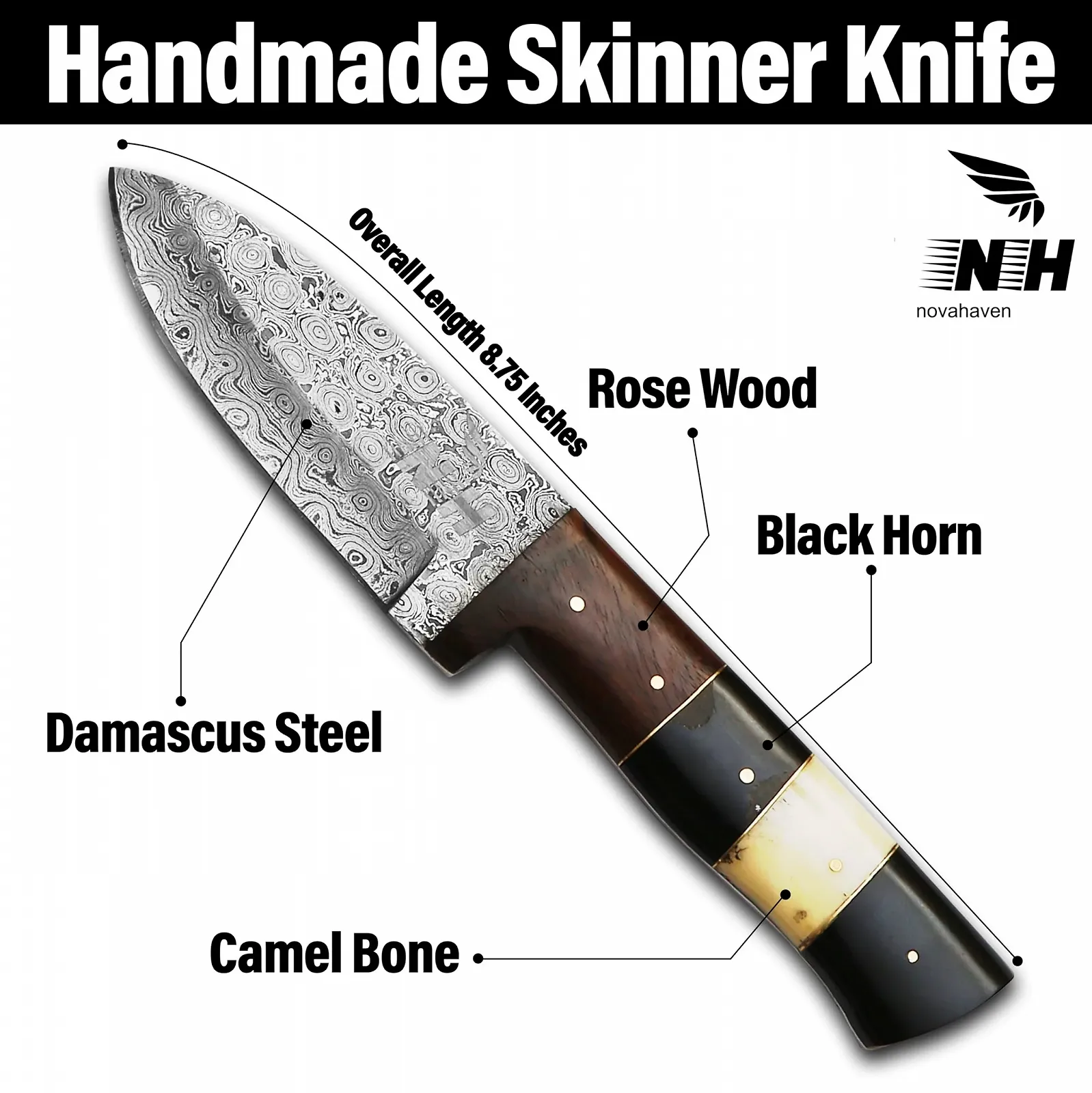 Ніж для оброблення шкур Novahaven Premium Handmade Damascus Steel, фото №3 Ніж для оброблення шкур Novahaven Premium Handmade Damascus Steel, фото №3