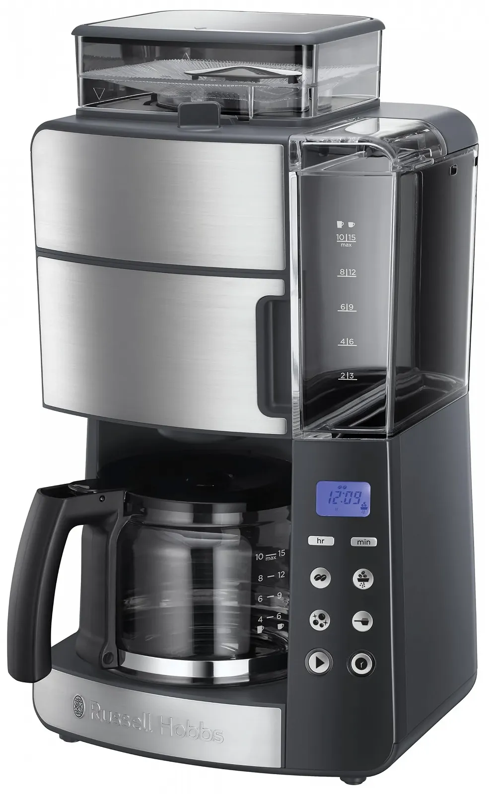 Кавоварка з кавомолкою Russell Hobbs Grind & Brew 25610-56, скляний глечик до 10 чашок, цифровий програмований таймер, 3 рівні помелу, 1000 Вт, сіра, фото №9
