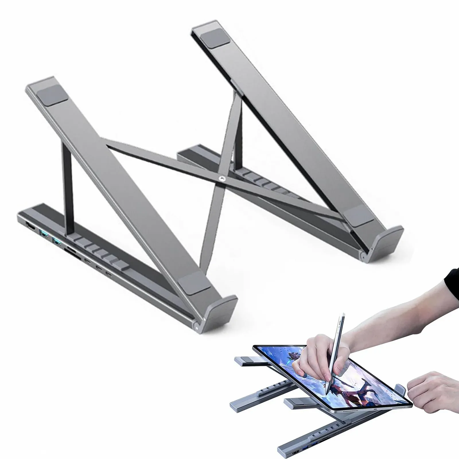 Подставка для ноутбука Регулируемая подставка для планшета Эргономичный многопортовый адаптер 8 в 1 Быстрая зарядка для ноутбука и офиса, фото №1