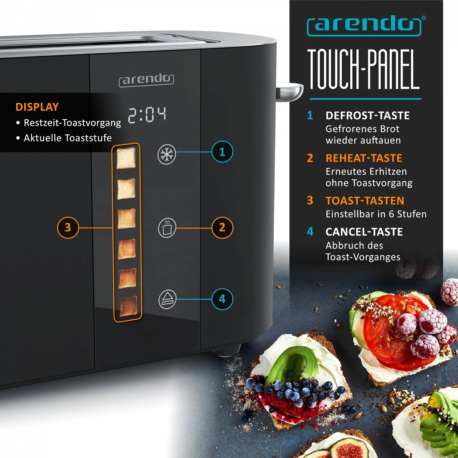 Тостер Arendo Stainless Steel 2 скибки довгий слот сенсорний екран подвійна стінка корпус інтегрована насадка для булочок 6 рівнів підсмажування центрування хліба дисплей залишкового часу функція пам'яті, фото №4