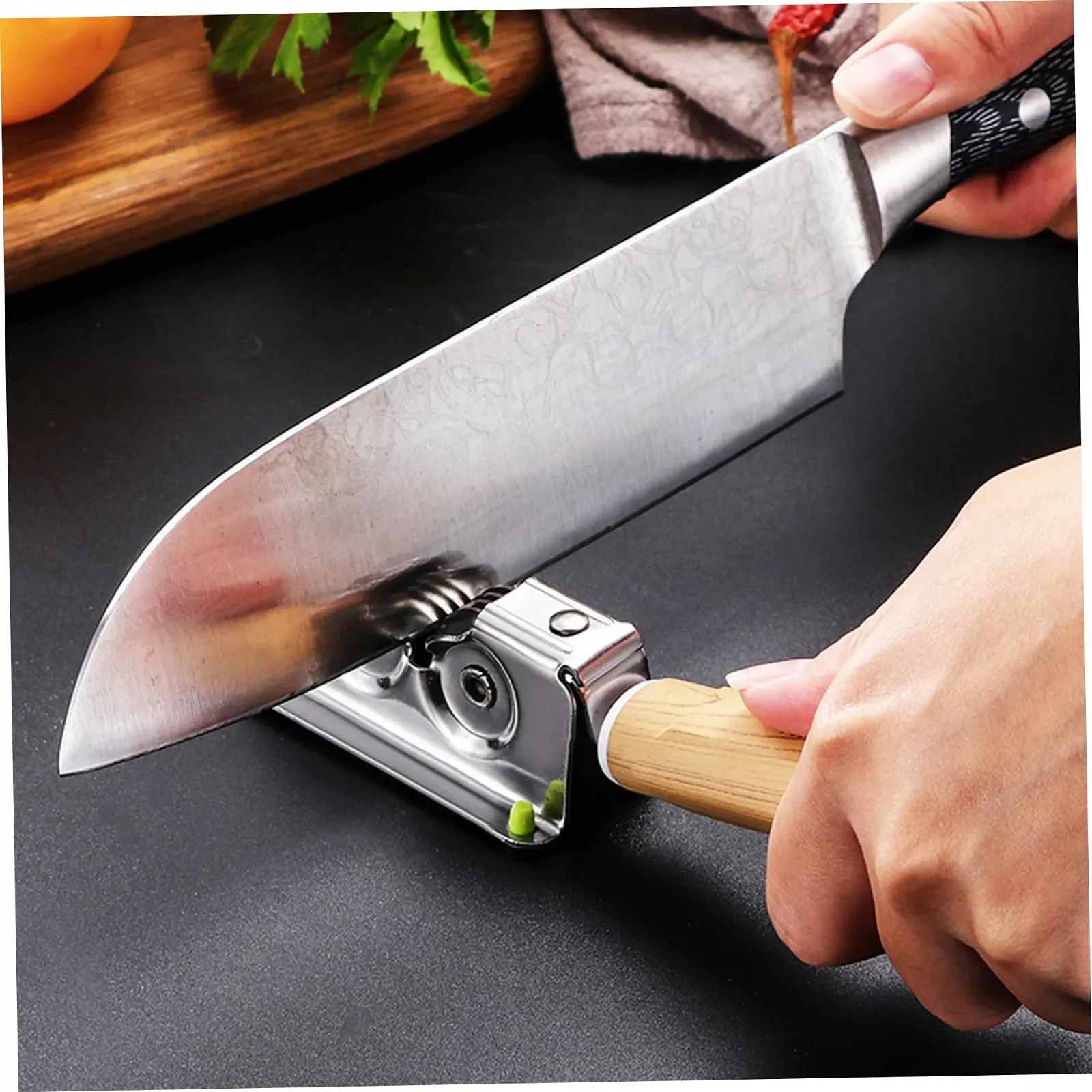 Точилка для ножів ручна 7.7 дюймів нержавіюча сталь роликова з отвором для підвішування та ручкою з деревним візерунком, фото №6