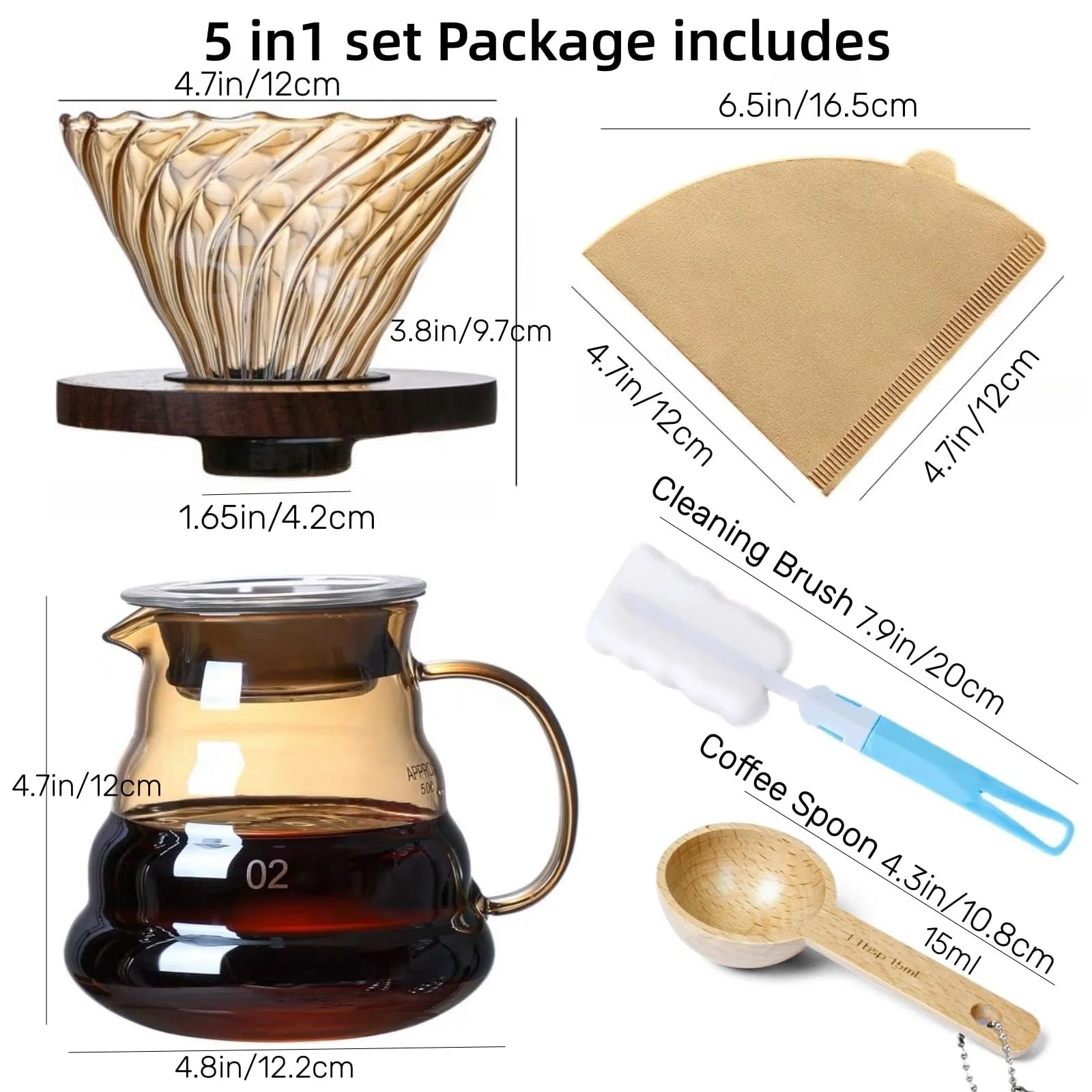 Набір для приготування кави Pour Over, 600 мл, боросилікатне скло, кавник з скляною кришкою, 50 шт паперових фільтрів, фото №3