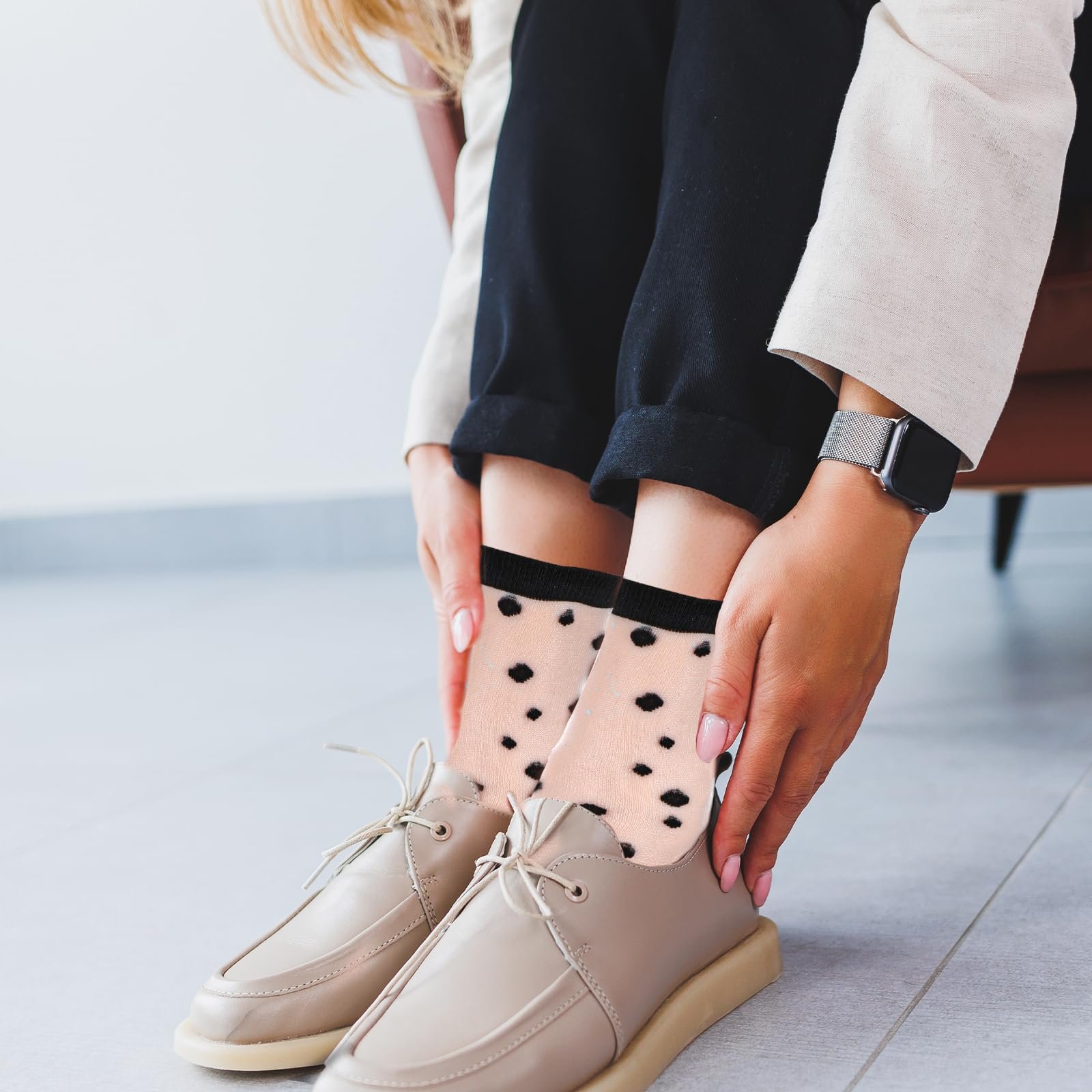 Носки Lusofie Прозрачные Женские Короткие в горошек полосатые клетчатые с рюшами Черные Прозрачные Щиколотки Сетчатые Летние Тонкие Модные Носки, черный, Универсальный размер, фото №7