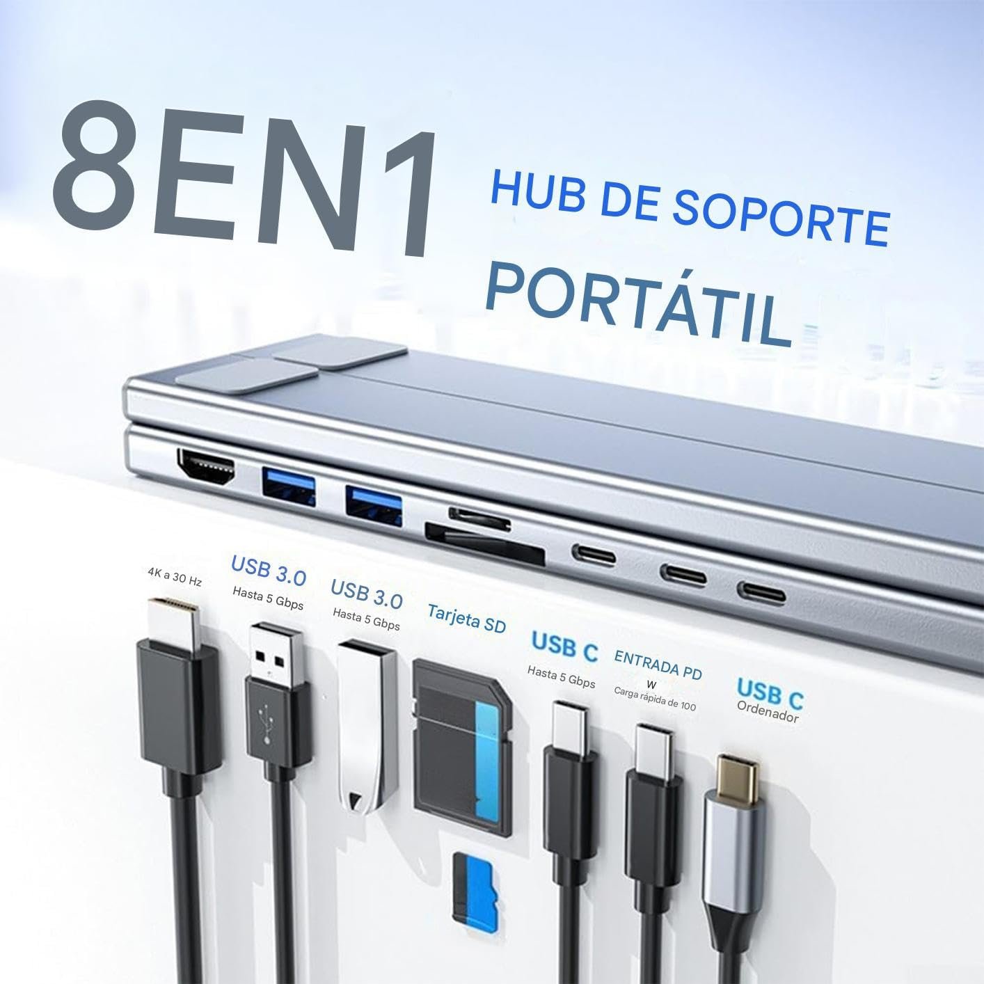 Підставка для ноутбука з док-станцією Регульована підставка для планшета 8-в-1 Мультипортовий адаптер Швидка зарядка та охолодження, фото №6