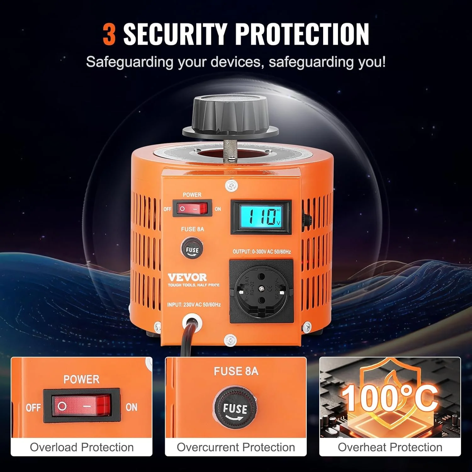 Трансформатор переменного напряжения VEVOR TDGC2-2000VA / 0-300 В / 2000 ВА / 6.6 А / Оранжевый, фото №5 Трансформатор переменного напряжения VEVOR TDGC2-2000VA / 0-300 В / 2000 ВА / 6.6 А / Оранжевый, фото №5