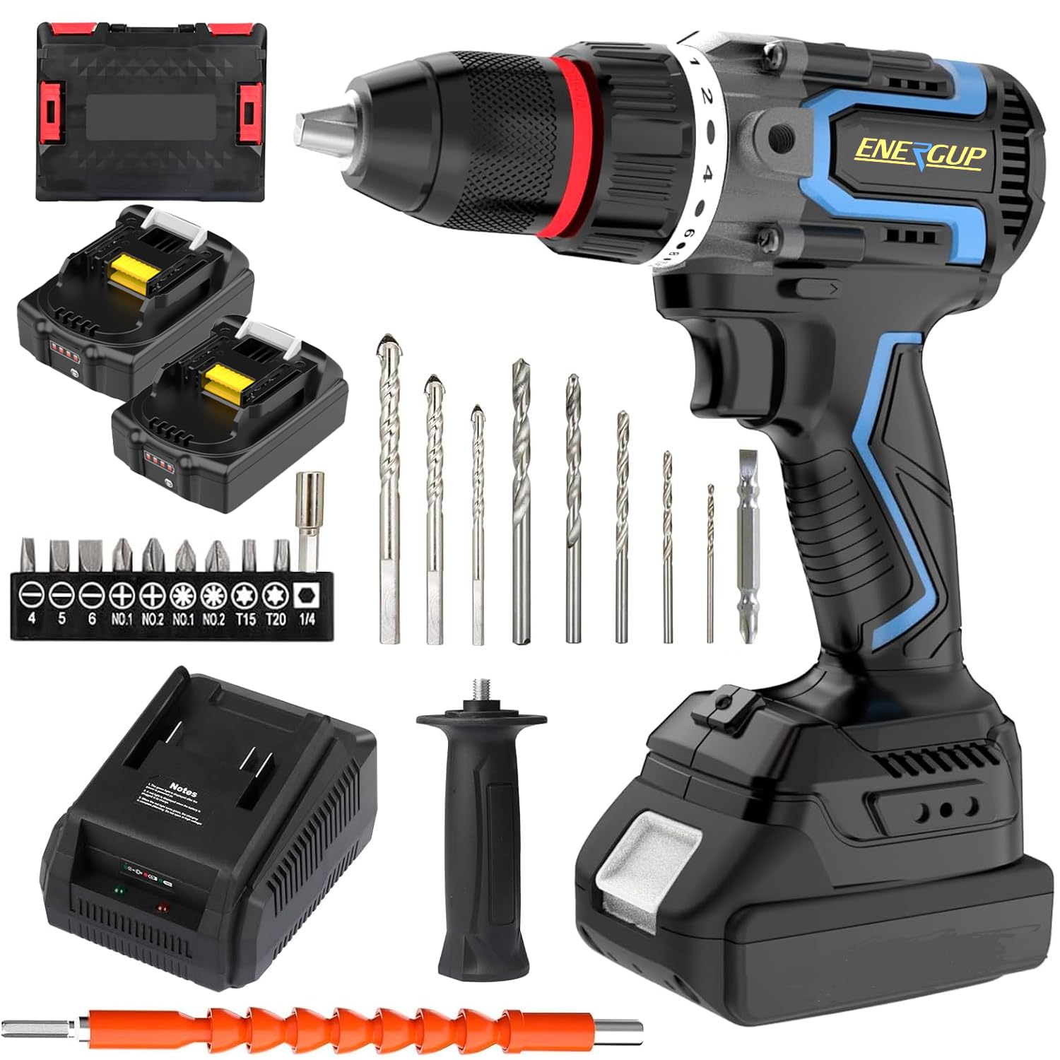 Дриль акумуляторна ENERGUP 20 В 13 мм 2 x 3000 мАг 20+1 ступінь швидкості безщітковий з аксесуарами 20 шт., фото №1