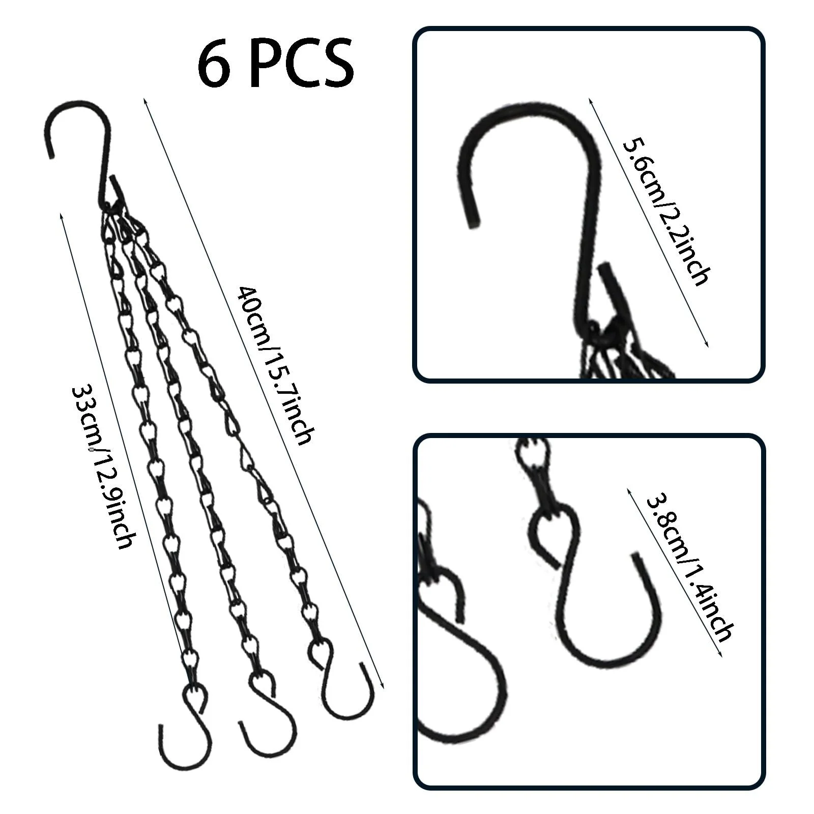 Набор цепочек для подвесных кашпо 6 шт. с S-образными крючками 3-точечный черный, фото №2
