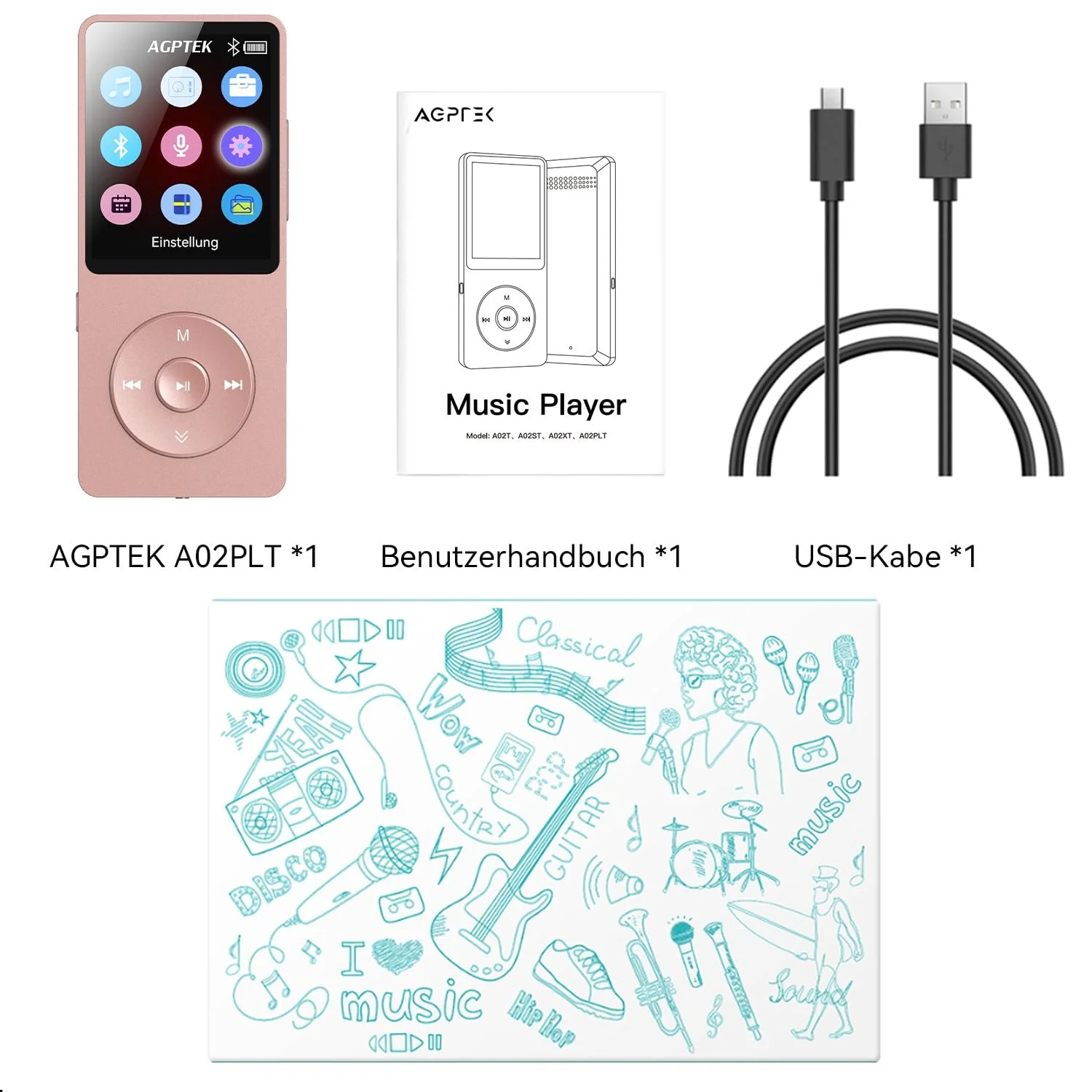 MP3-плеєр AGPTEK 64 ГБ Bluetooth 5.3 з динаміком, 40 годин автономної роботи, маленький і класичний спортивний MP3 з екраном 1,8 дюйма, FM-радіо (без навушників), TF-карта до 128 ГБ, рожевий, фото №11