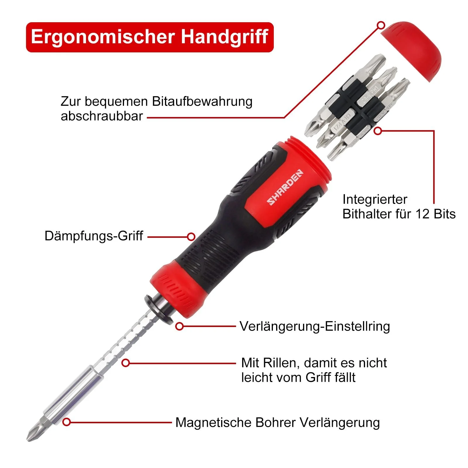 Викрутка SHARDEN 13-в-1 з магнітним подовжувачем Torx Slotted Phillips Hex Pozidriv 1/4, фото №2