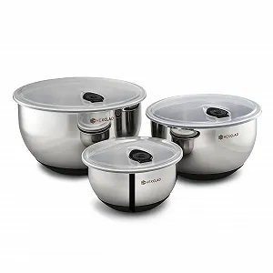 Набір мисок для змішування HexClad Stainless Steel з 3 предметів з нержавіючої сталі з кришками та силіконовою основою - Фото 1