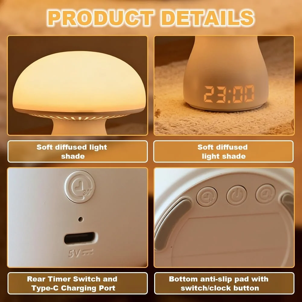 LED Настільна лампа Mushroom Lamp Wireless Touch Dimmable Clock 3600 mAh, фото №3