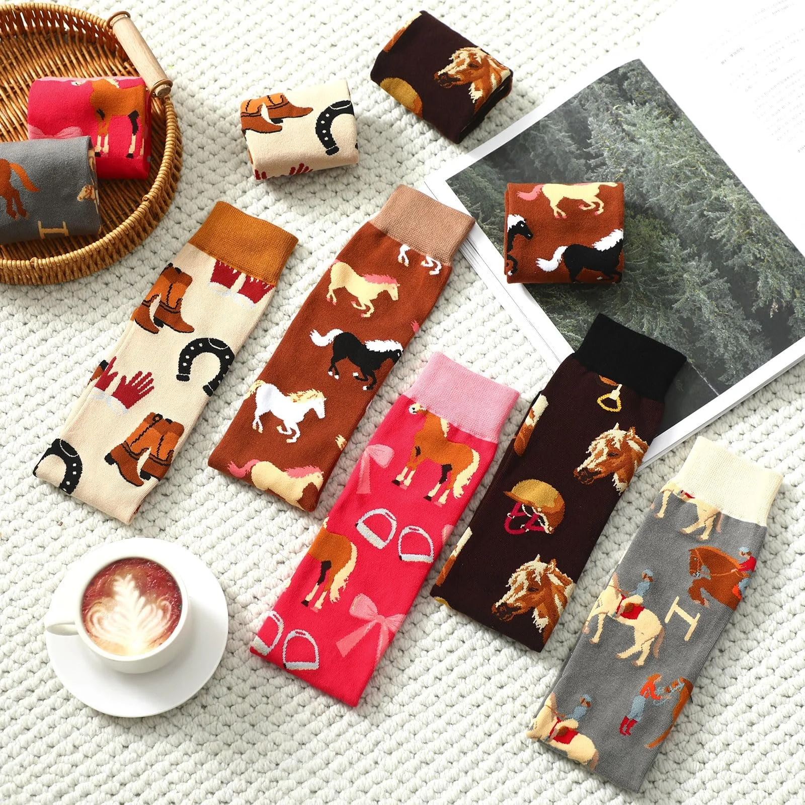 Носки Sintege с лошадьми, 5 пар, длинные носки для верховой езды, цветные носки до колена с рисунком животных, забавный подарок для любителей лошадей и всадников, фото №6