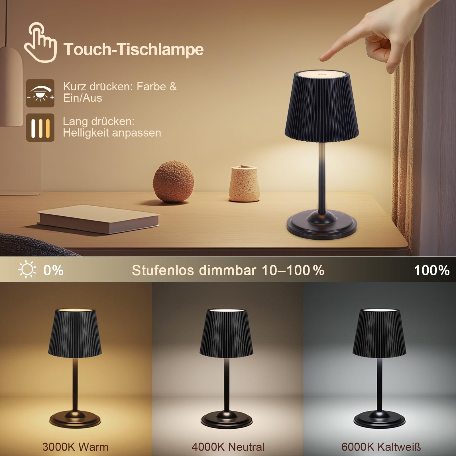 Світлодіодна настільна лампа Бездротова Регульована за висотою Сенсорна Металева Чорна, фото №2