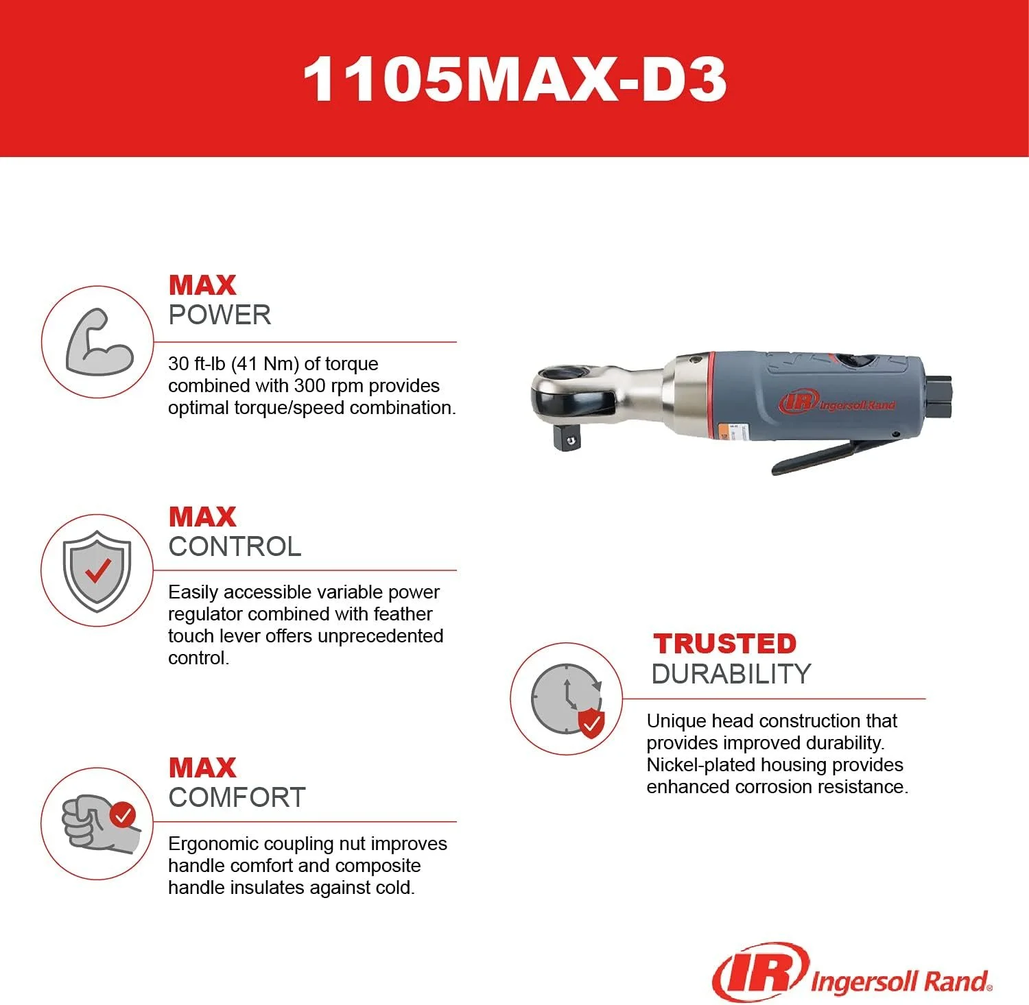 Пневматичний тріскачковий ключ Ingersoll Rand 1105MAX-D3 / 3/8" / Сірий, фото №3