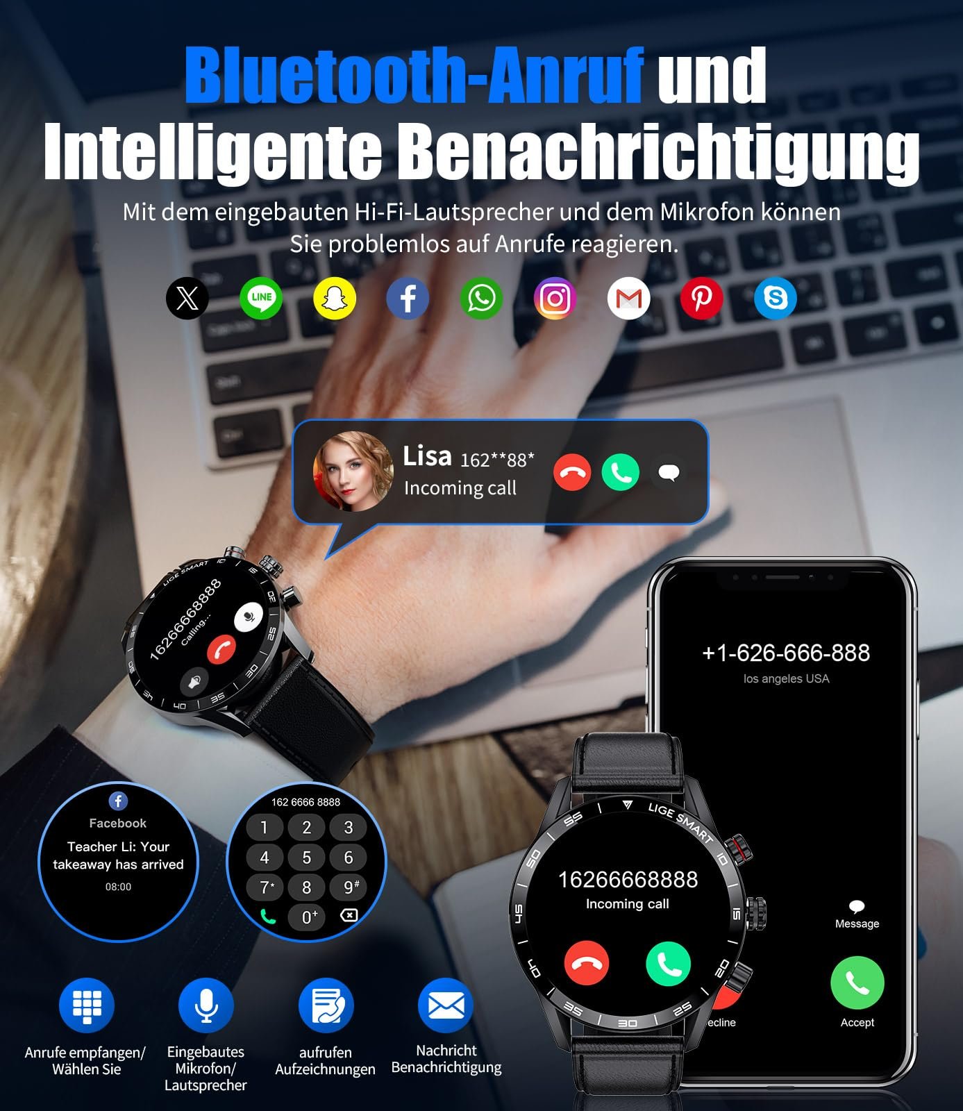 Смарт-часы LIGE мужские, 1,43 дюйма, AMOLED, функция телефона, голосовой помощник, пульсометр, SpO2, 124 спортивных режима, трекер активности, фитнес-часы, фото №3