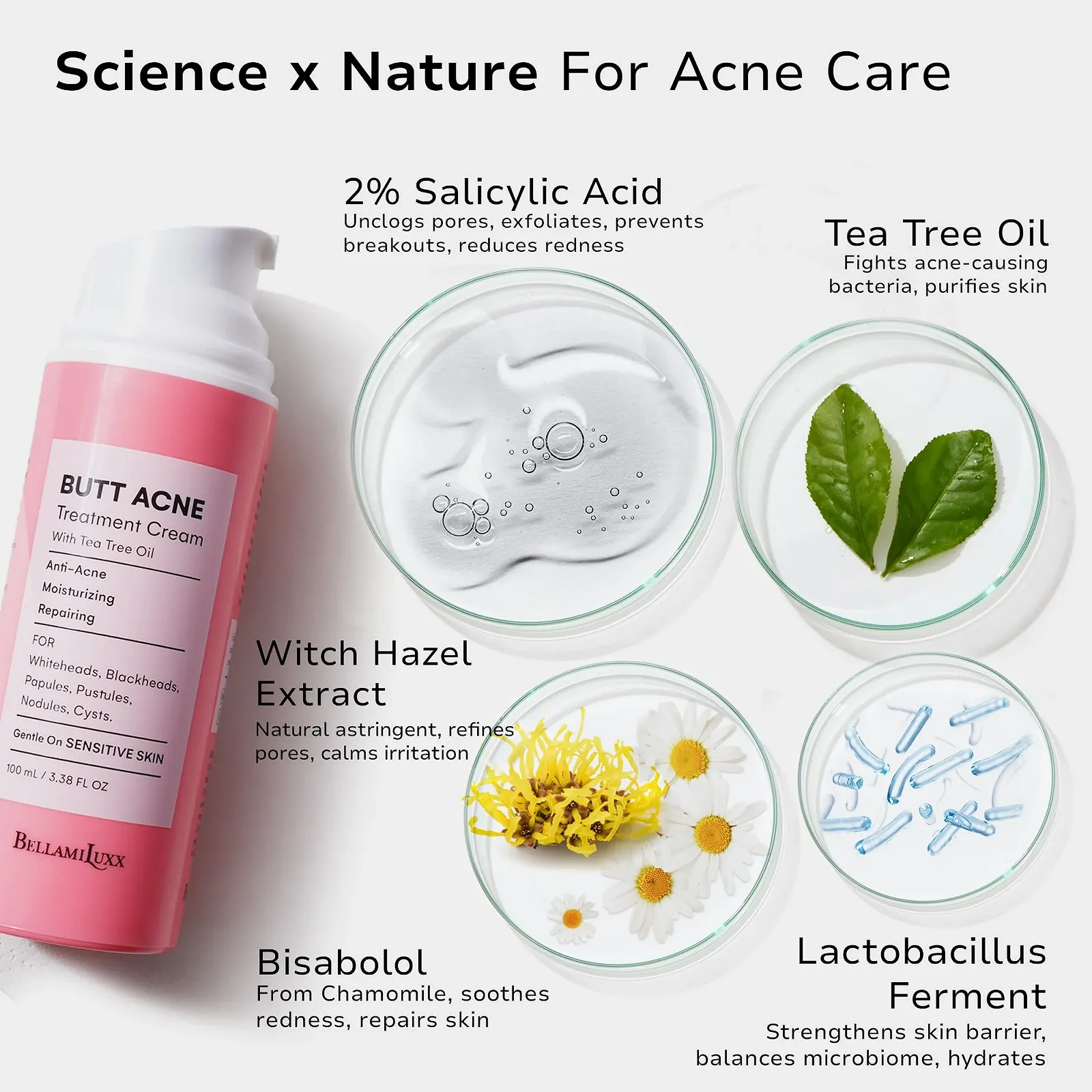 Крем от прыщей BellamiLuxx для ягодиц и тела: крем от акне против фолликулита и прыщей на спине, ягодицах и бедрах, с 2% салициловой кислотой и маслом чайного дерева, фото №3