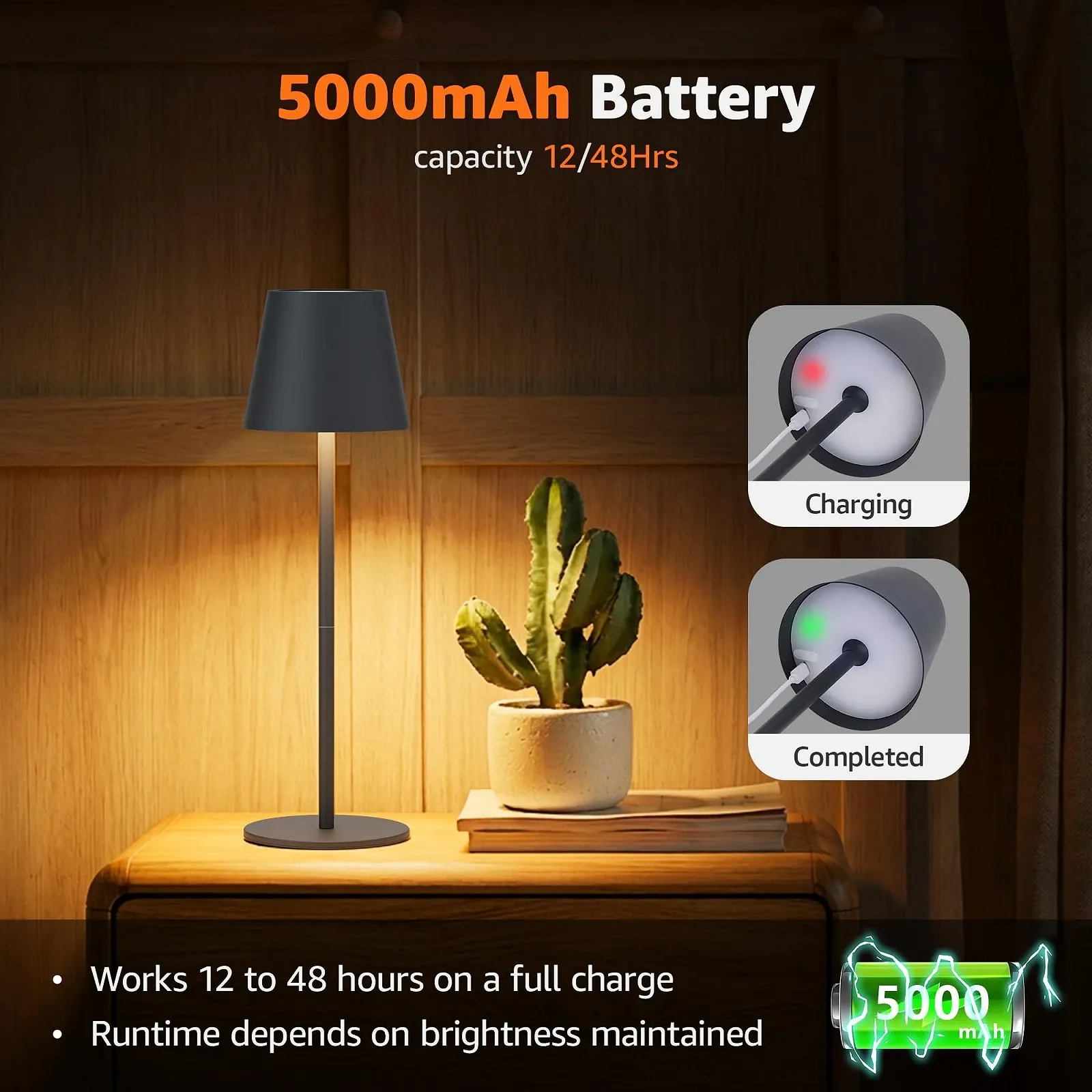 Настільна лампа Aipsun LED Акумуляторна 2 шт. Регульована висота 5000 мАг IP44 Антрацит, фото №3