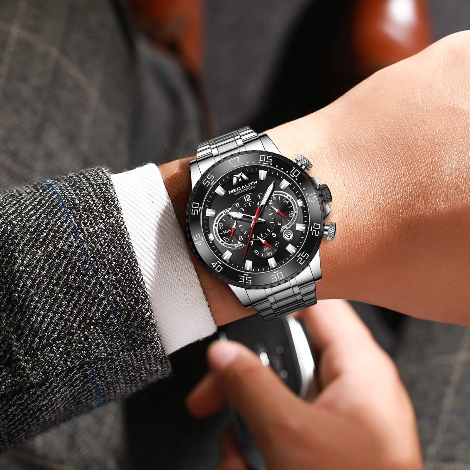Годинник MEGALITH Чоловічий Хронограф Кварцовий 45 мм З Нержавіючої Сталі Великий Водонепроникний Світний Календар Сріблястий A0 Сріблястий Чорний Японія, фото №3