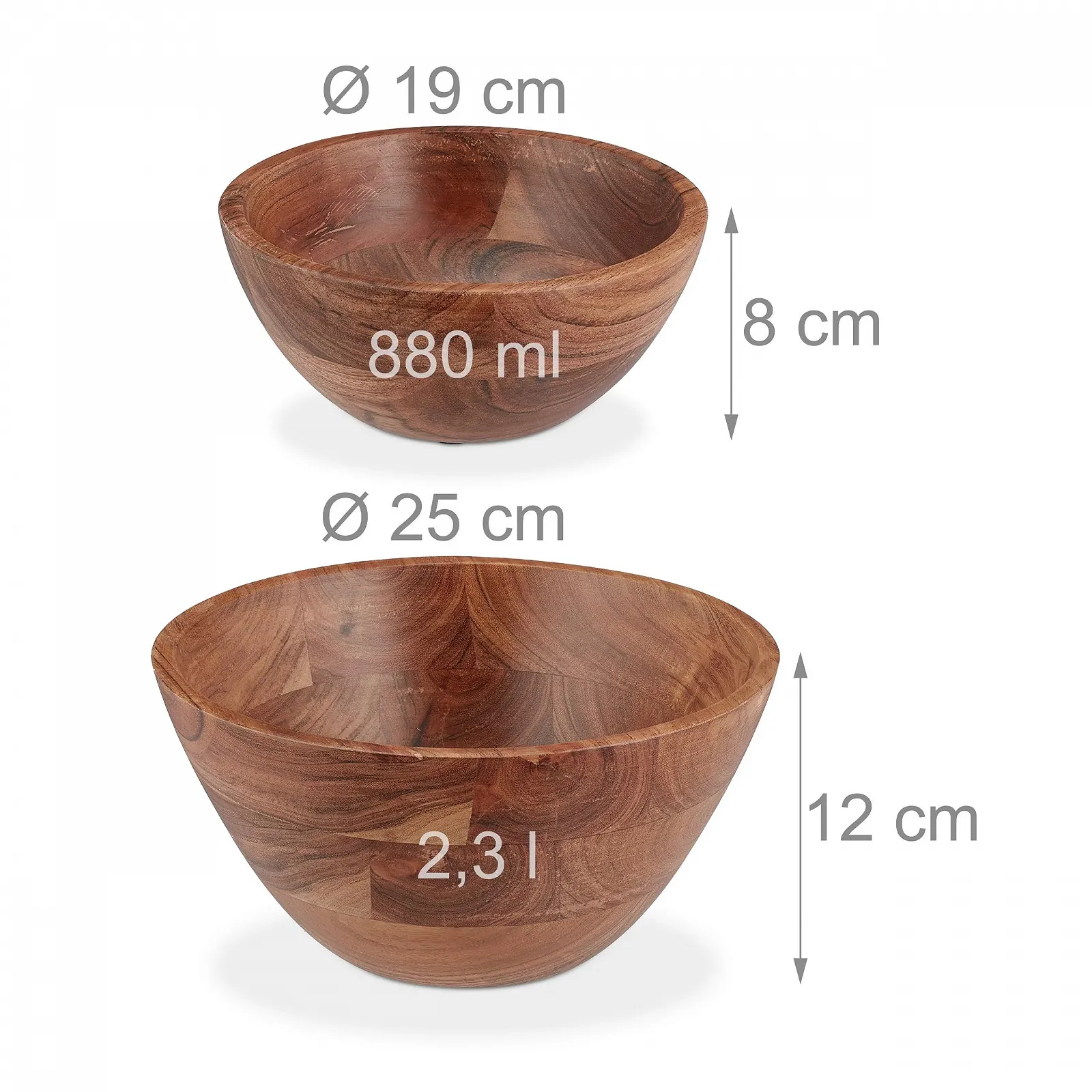 Салатница Relaxdays Набор из 2 штук Дерево акации Диаметр 19 см и 25 см Круглая Коричневый, фото №4