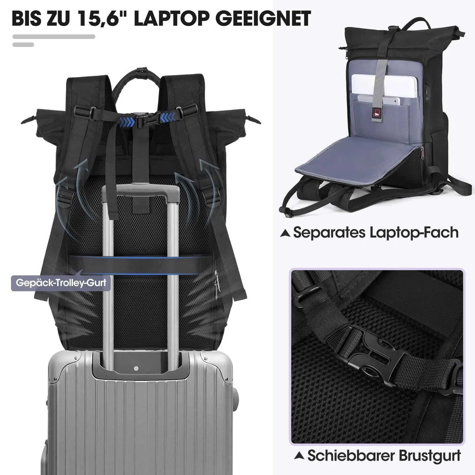 Рюкзак RAINSMORE Rolltop для ноутбука 15.6" водонепроникний розширюваний Чорний, фото №4 Рюкзак RAINSMORE Rolltop для ноутбука 15.6" водонепроникний розширюваний Чорний, фото №4