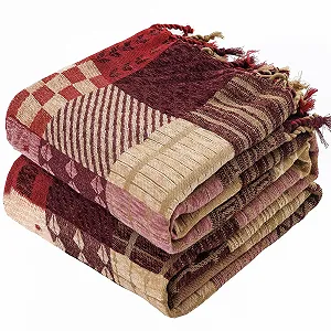 Одеяло тканое Chenille HOORDRY Узор, двухсторонний плед с бахромой, Boho покрывало, 220 x 260 см, красный - Фото 1